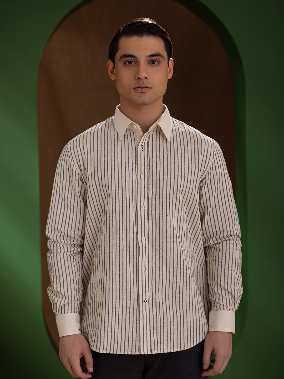 

Earthpiece Relaxed Vertical Striped Pure Cotton Shirt, Beige