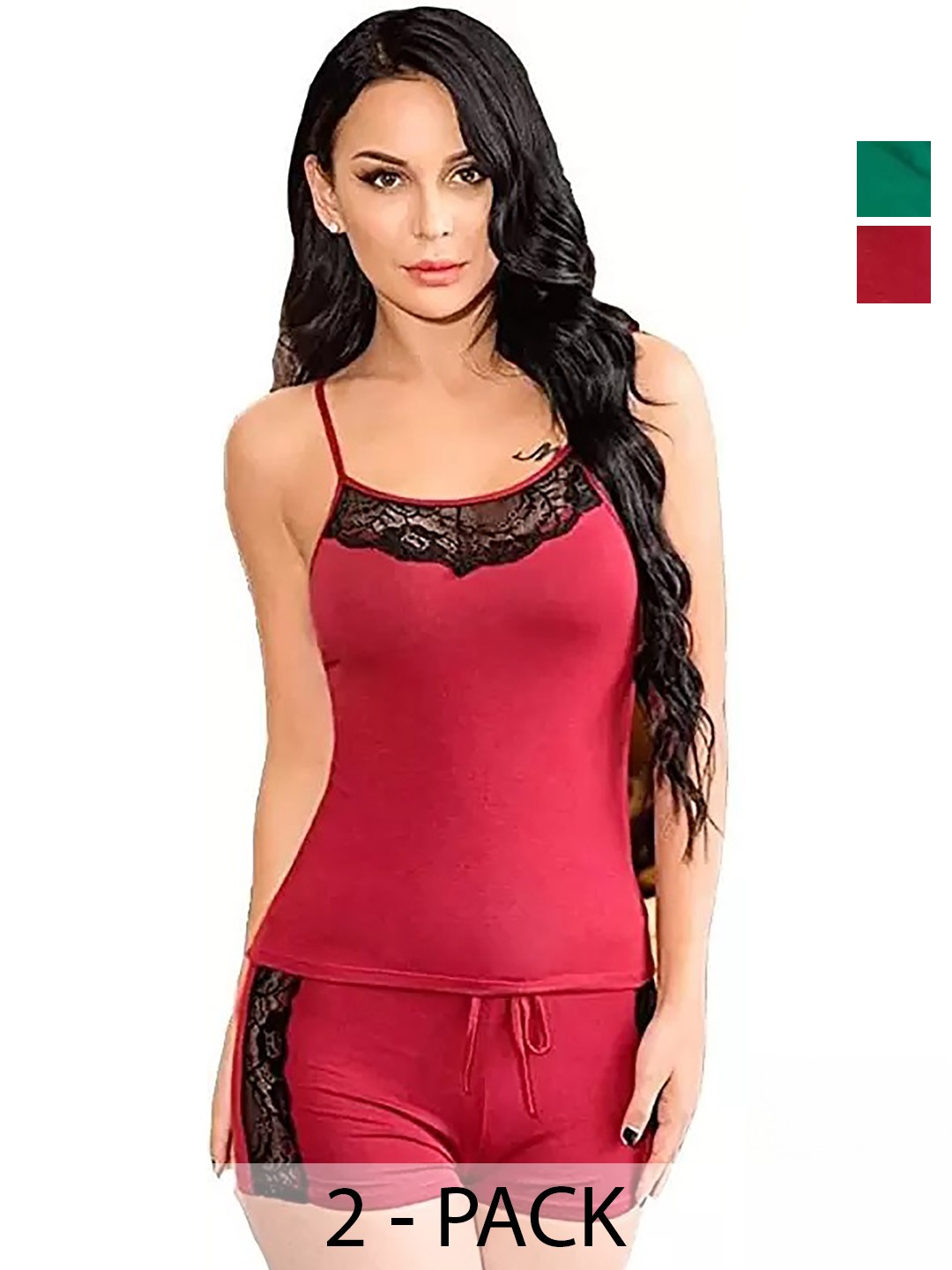 

PIBU Pack of 2 Shoulder Straps Top & Shorts Night Suit, Green