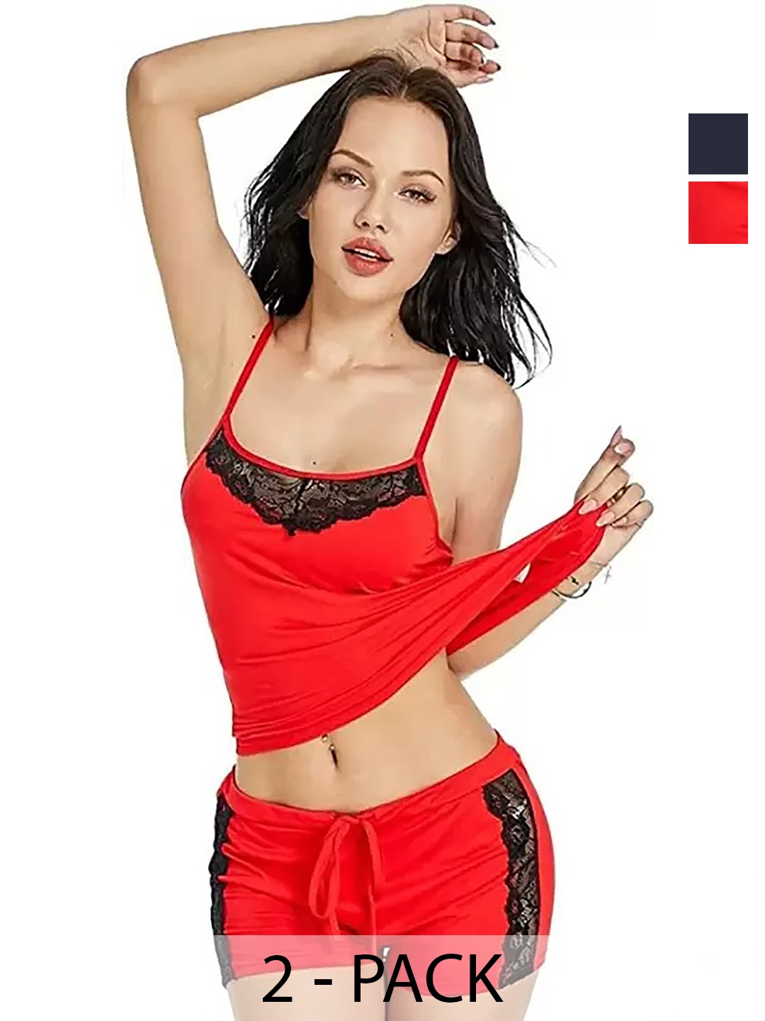 

PIBU Pack of 2 Shoulder Straps Top & Shorts Night Suit, Red