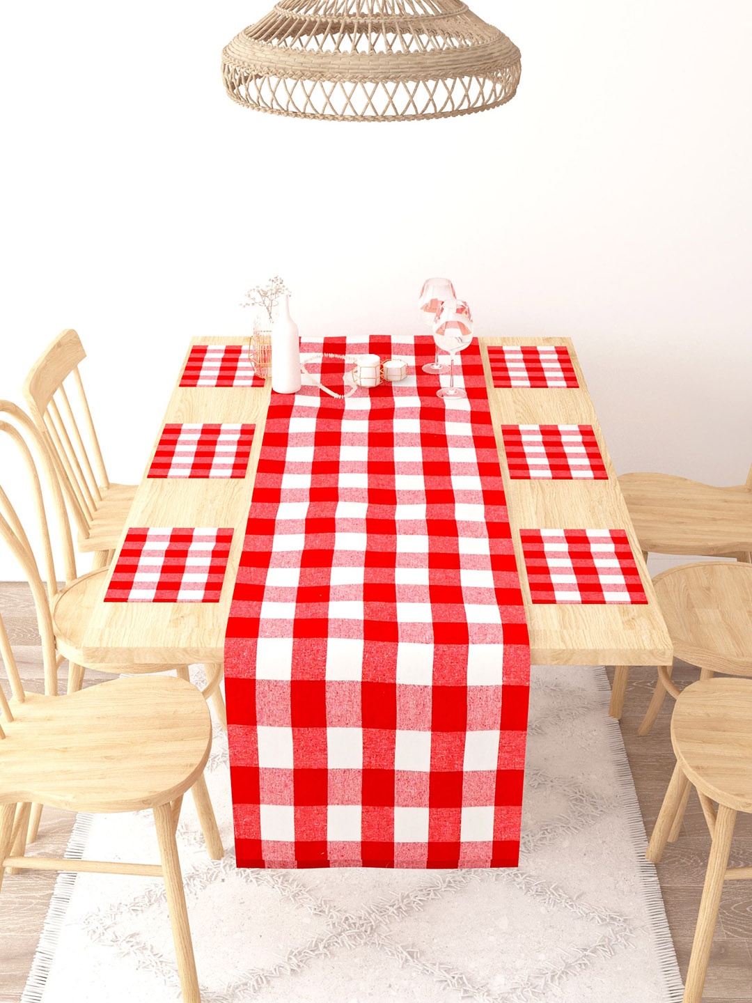 

Gulaab Jaipur Red 7 Pieces Checked 6 Seater Tablemats With Table Runner