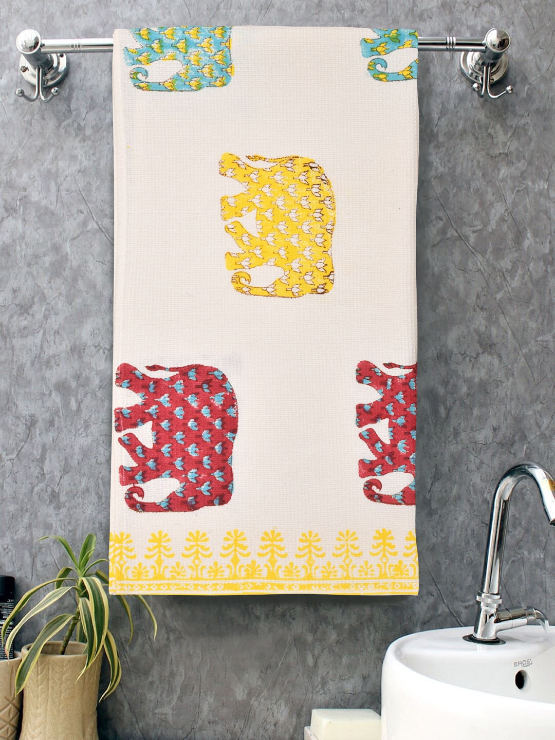 

Gulaab Jaipur Off White & Yellow Printed 450 GSM Cotton Bath Towel