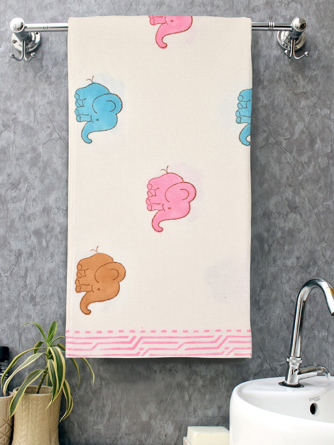 

Gulaab Jaipur Off White & Pink Printed 450 GSM Cotton Bath Towel