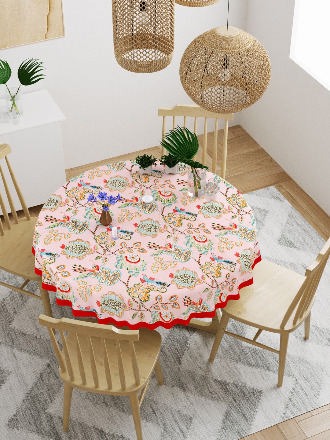 

Gulaab Jaipur Pink & Red Ethnic Motifs Printed 4-Seater Round Cotton Table Cover
