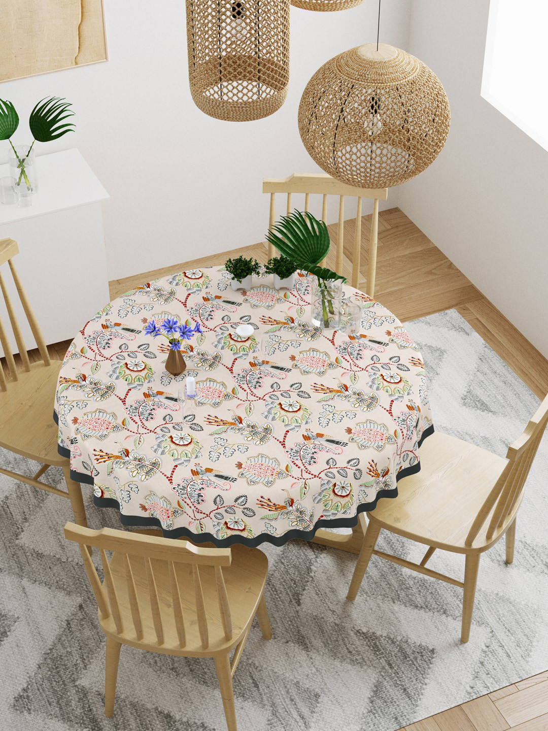 

Gulaab Jaipur Pink & Grey Ethnic Motifs Printed Cotton 4-Seater Round Table Cover