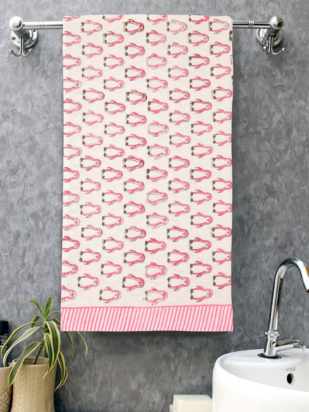 

Gulaab Jaipur Off White & Pink Printed 450 GSM Cotton Bath Towel