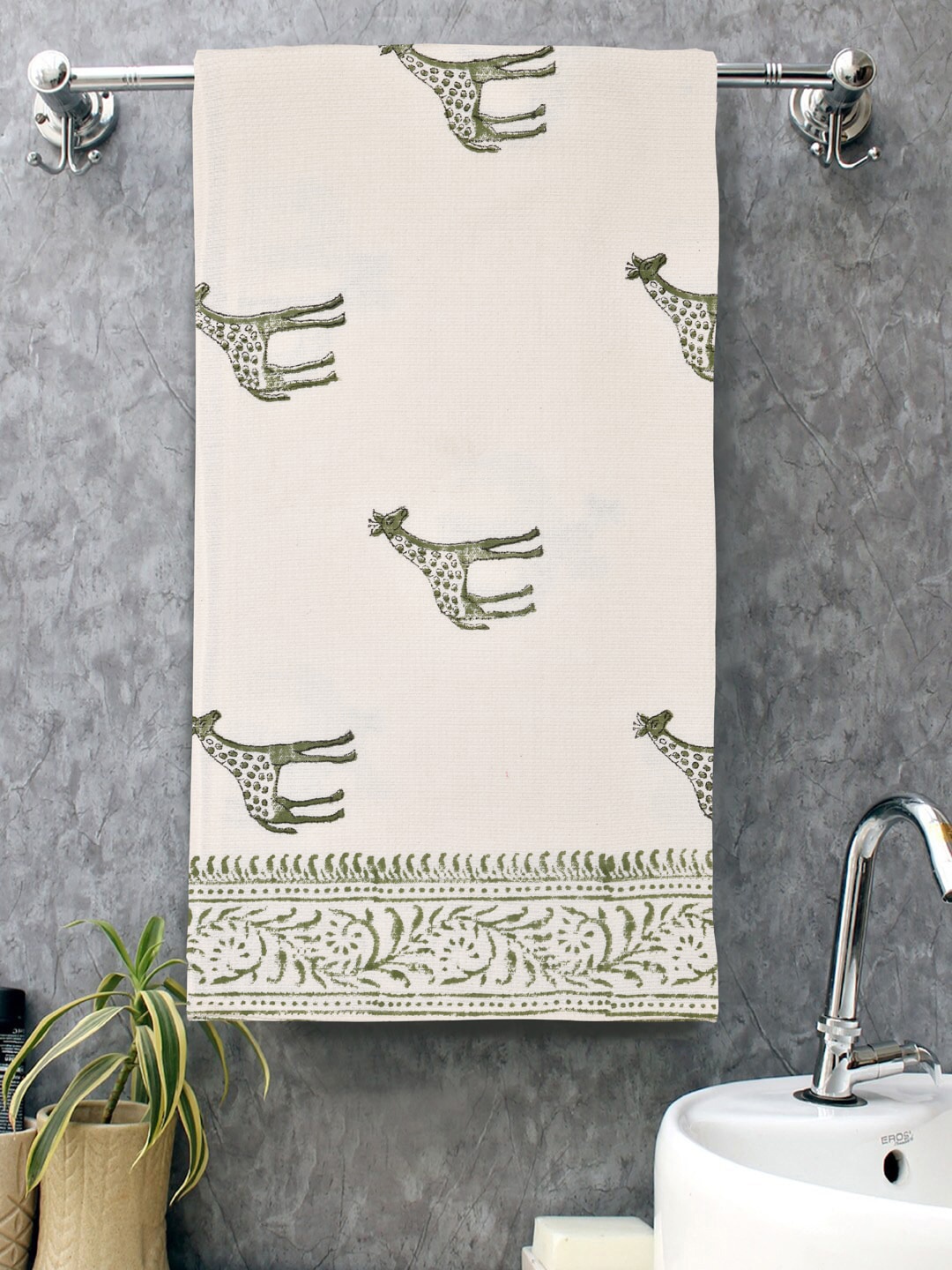 

Gulaab Jaipur Off White & Green Printed 450 GSM Cotton Bath Towel