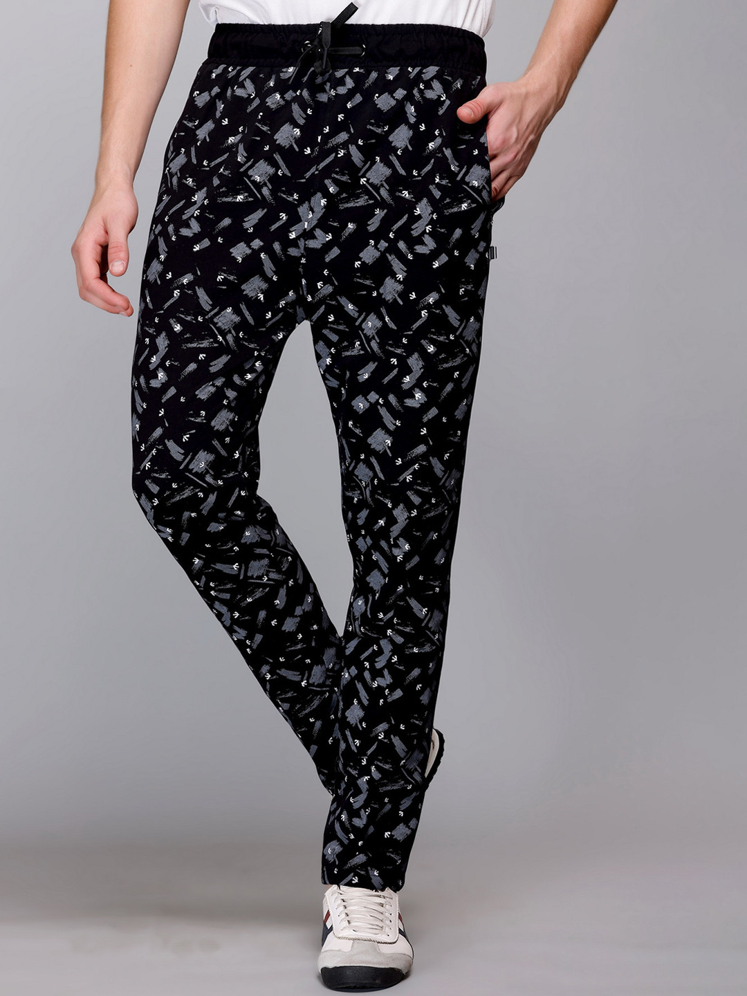

FCKPLUS Men Regular Fit Abstract Printed Cotton Track Pant, Black