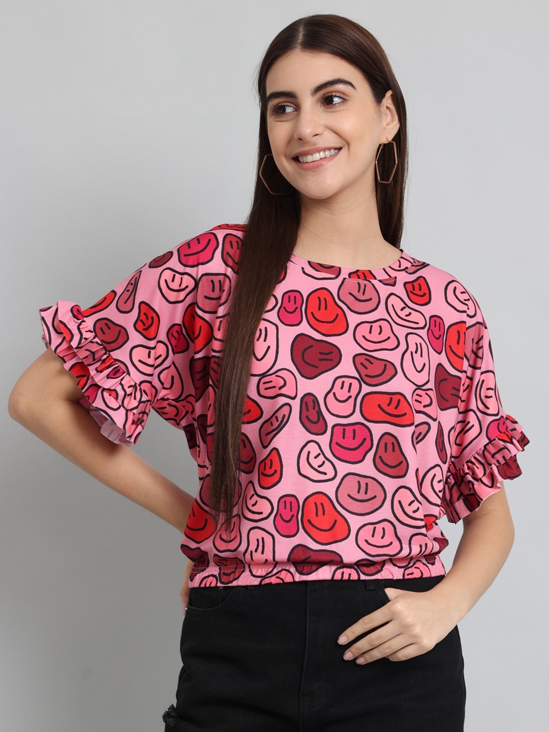

Just Wow Smiley Printed Cotton Top, Pink