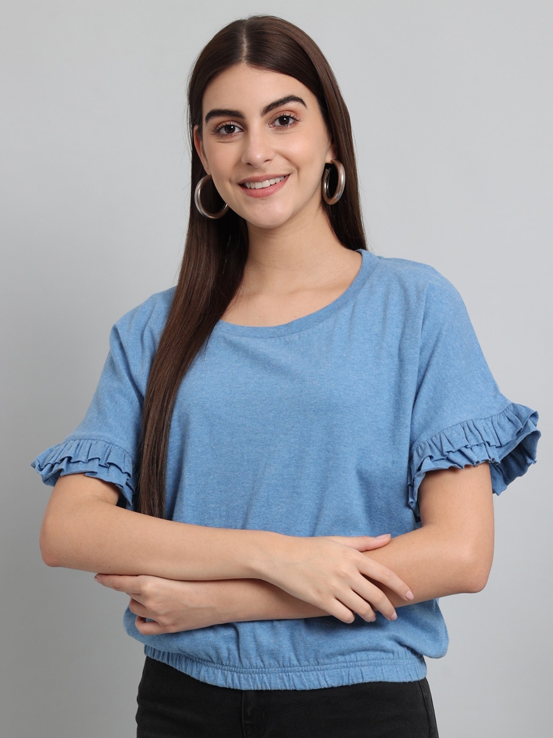 

Just Wow Round Neck Gathered Detail Cotton Regular Top, Blue