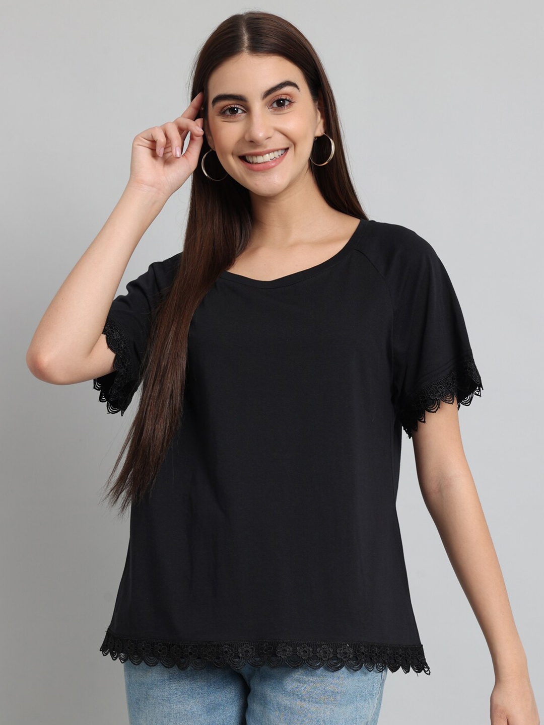 

Just Wow Raglan Sleeves Cotton T-shirt, Black