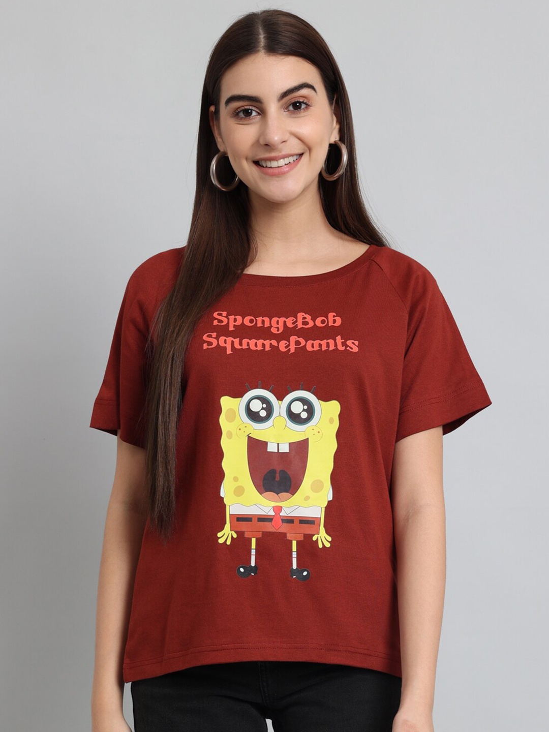 

Just Wow Sponge Bob Printed Raglan Sleeves Cotton T-shirt, Brown