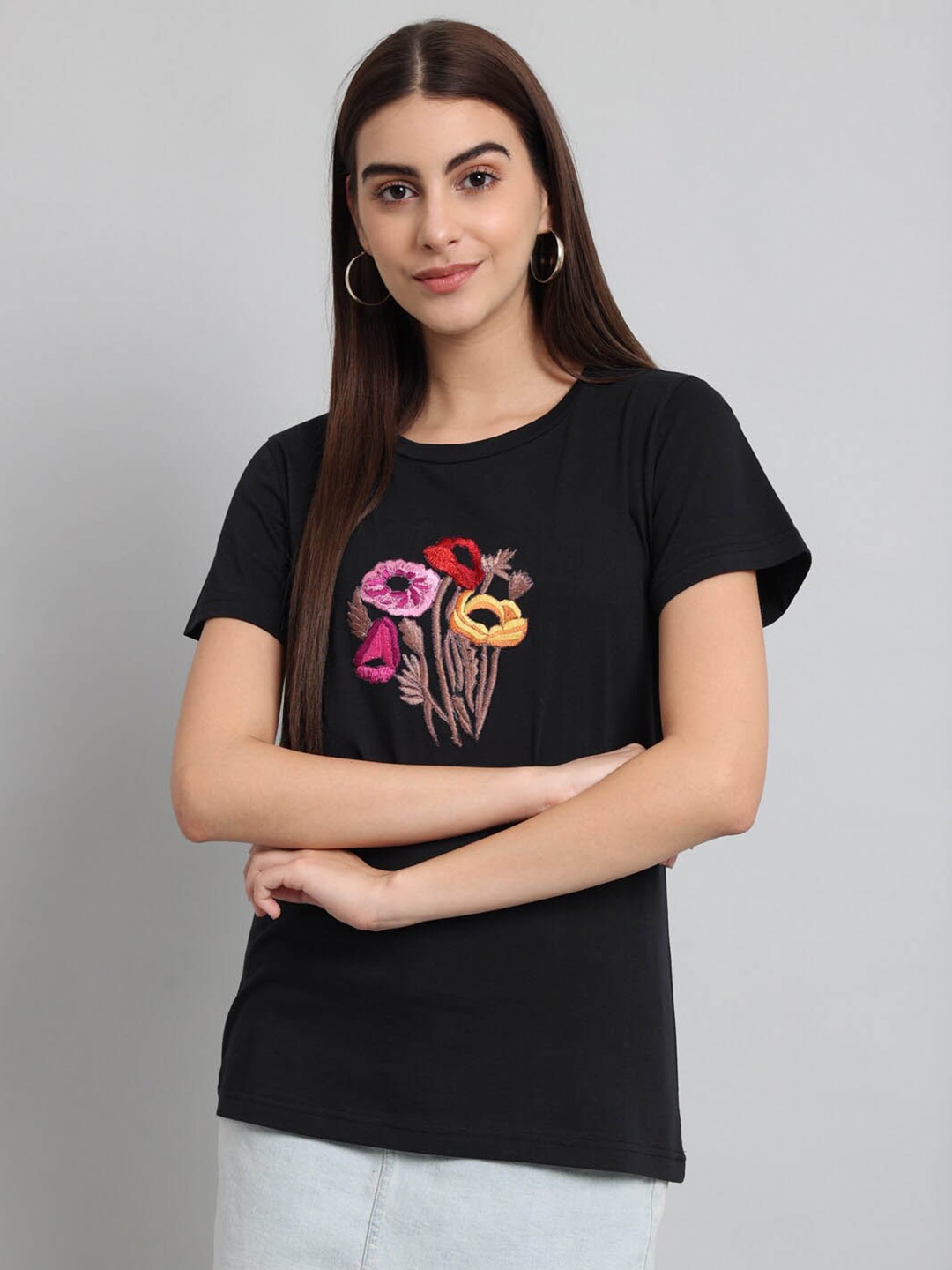 

Just Wow Floral Embroidered Pure Cotton T-shirt, Black