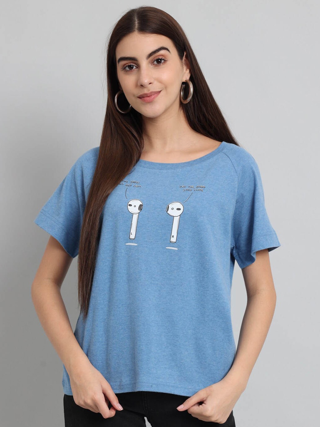 

Just Wow Typography Printed Extended Sleeves Pure Cotton T-shirt, Blue