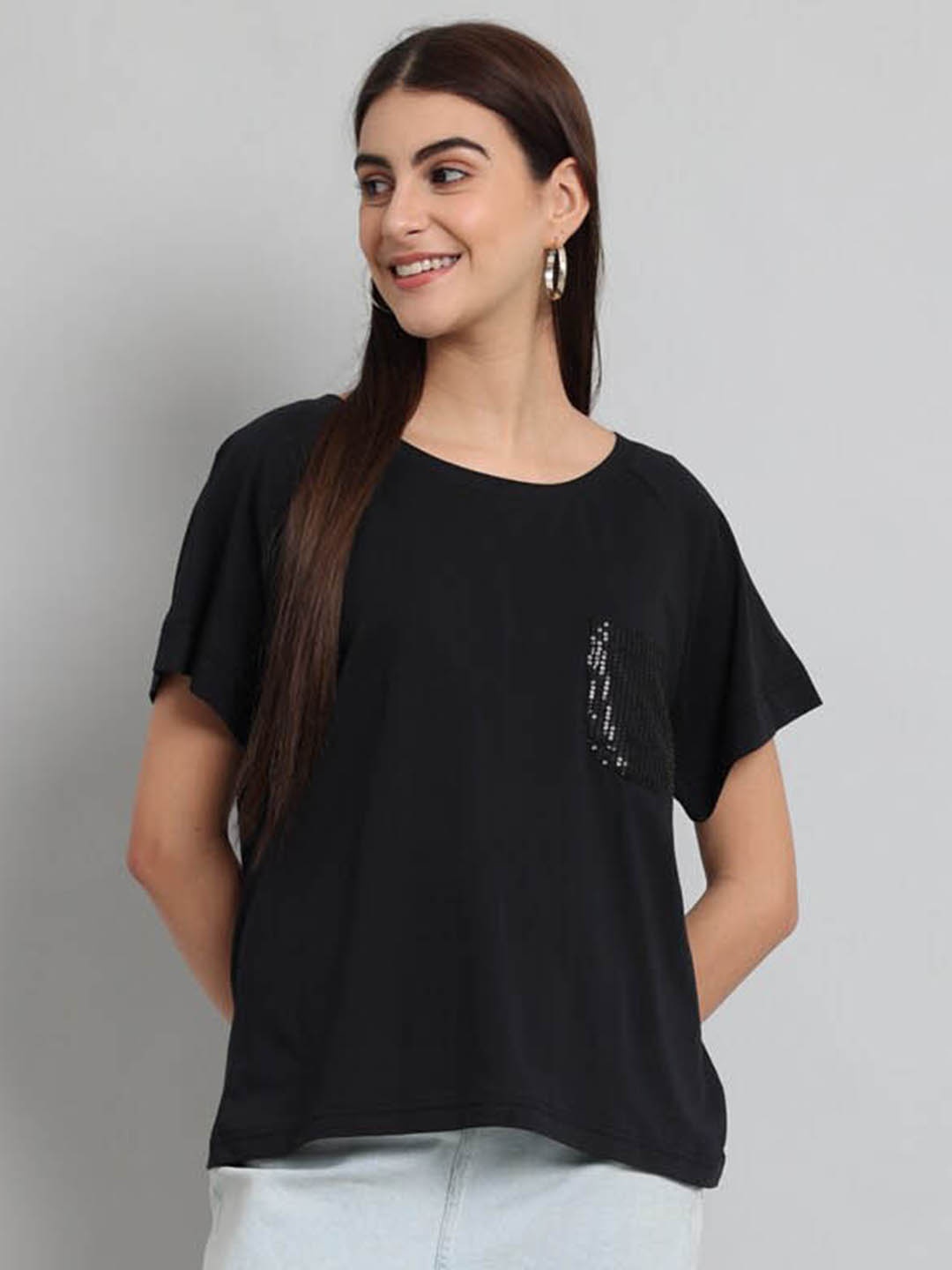 

Just Wow Embellished Extended Sleeves Pure Cotton T-shirt, Black