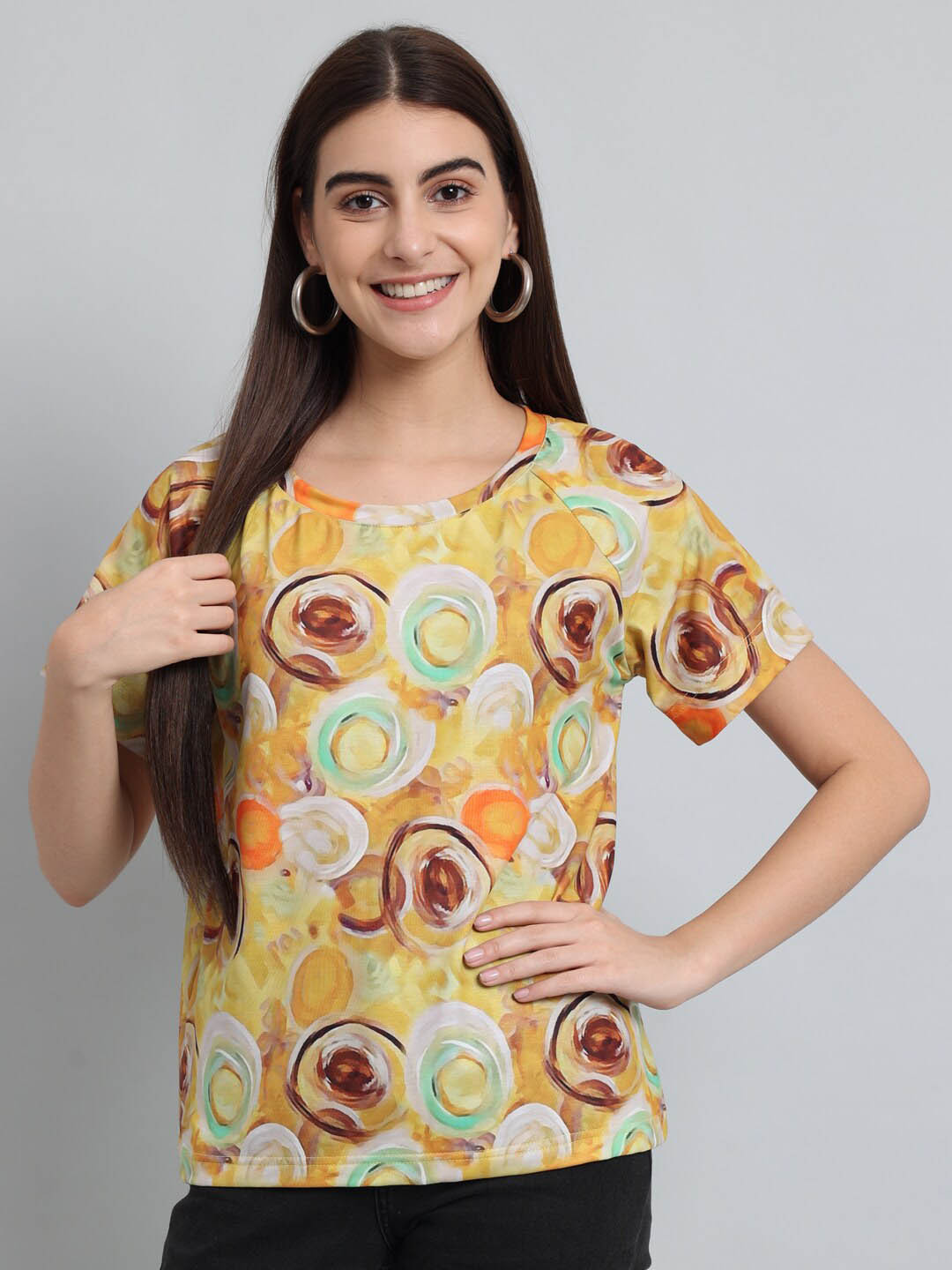 

Just Wow Abstract Printed Extended Sleeves Pure Cotton T-shirt, Yellow
