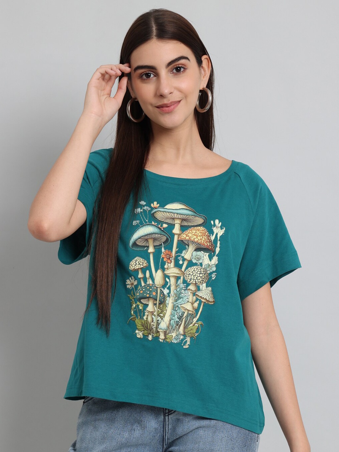 

Just Wow Graphic Printed Cotton T-shirt, Teal