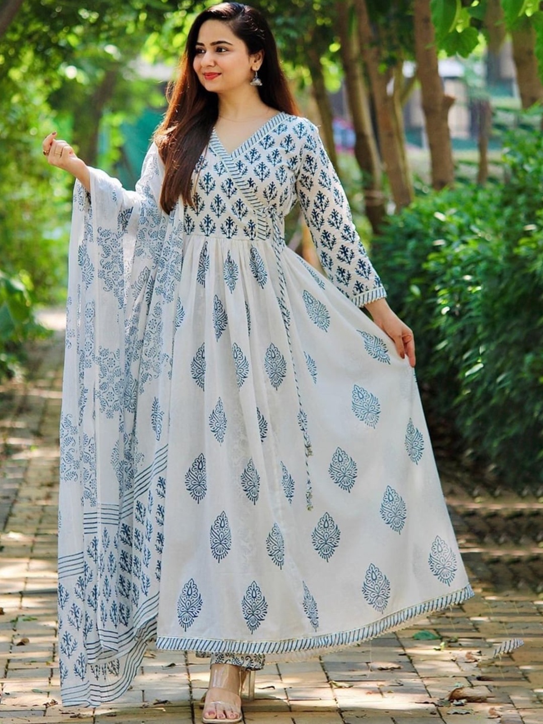 

KALINI Floral Printed Pure Cotton Angrakha Kurta With Trousers & Dupatta, Blue