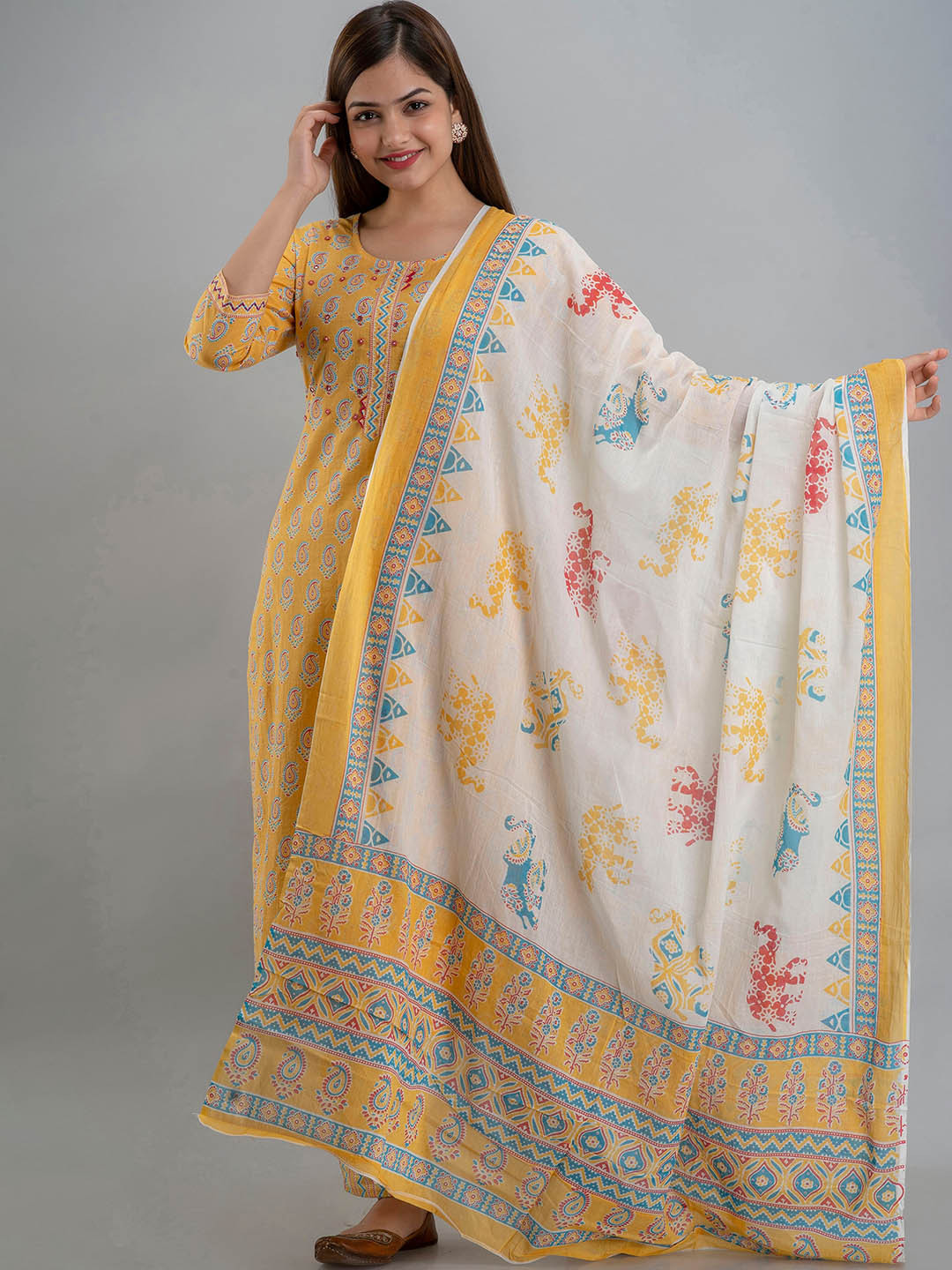 

KALINI Paisley Printed Pure Cotton Pure Cotton Mirror Work Kurta With Pyjamas & Dupatta, Yellow