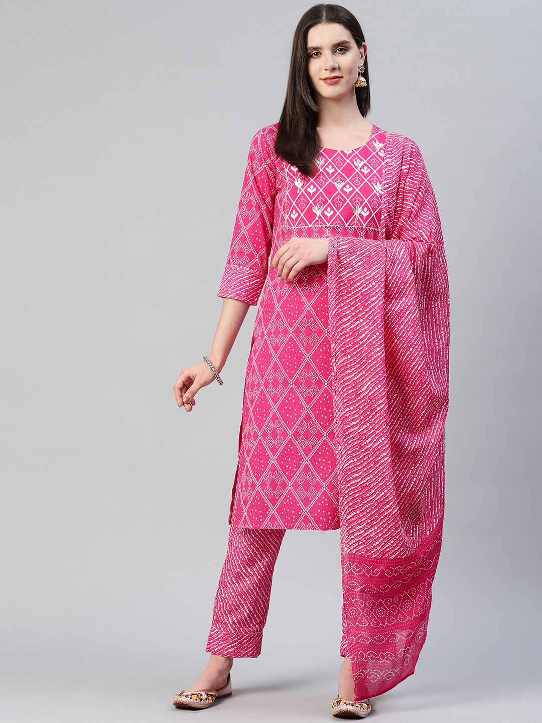 

KALINI Bandhani Printed Leheriya Pure Cotton Kurta With Trousers & Dupatta, Pink