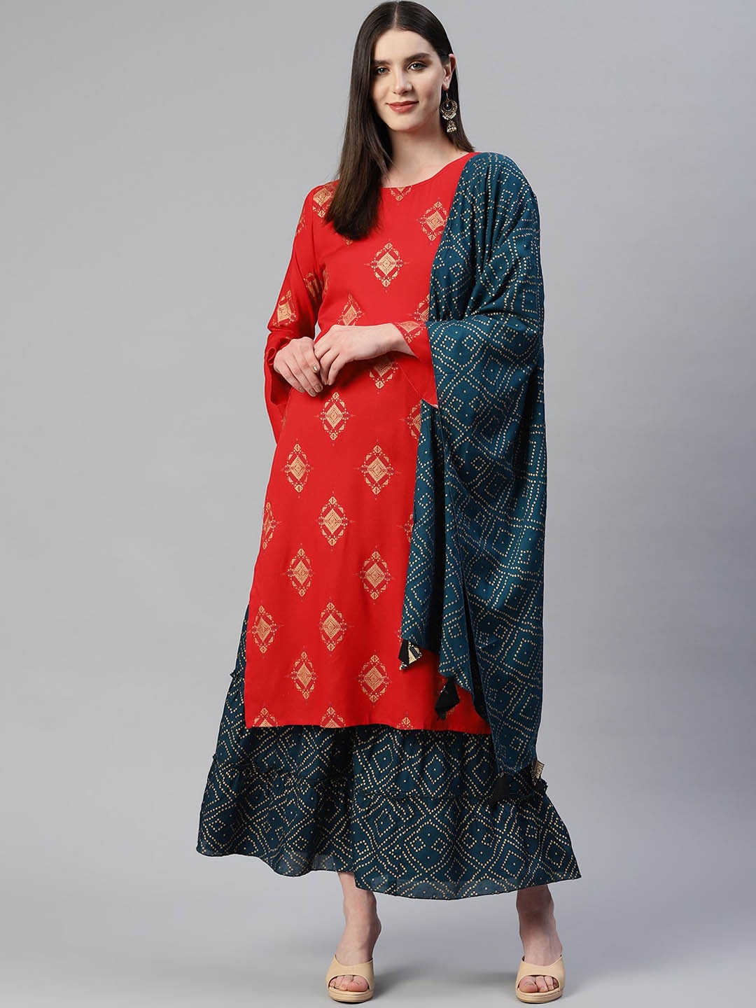 

KALINI Ethnic Motif Printed Regular Kurta with Sharara & Dupatta, Red