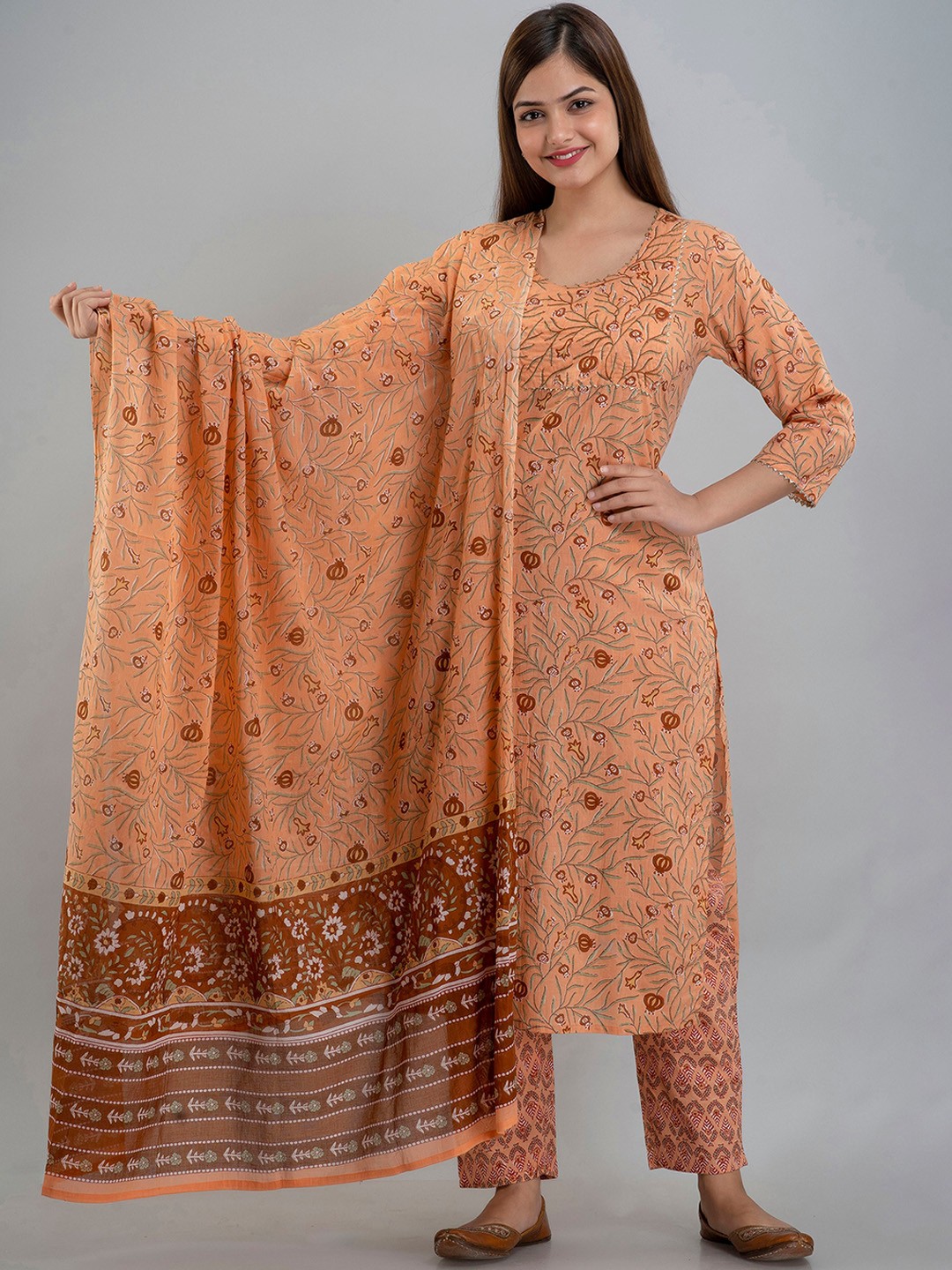 

KALINI Floral Printed Regular Gotta Patti Pure Cotton Kurta with Trousers & Dupatta, Rust