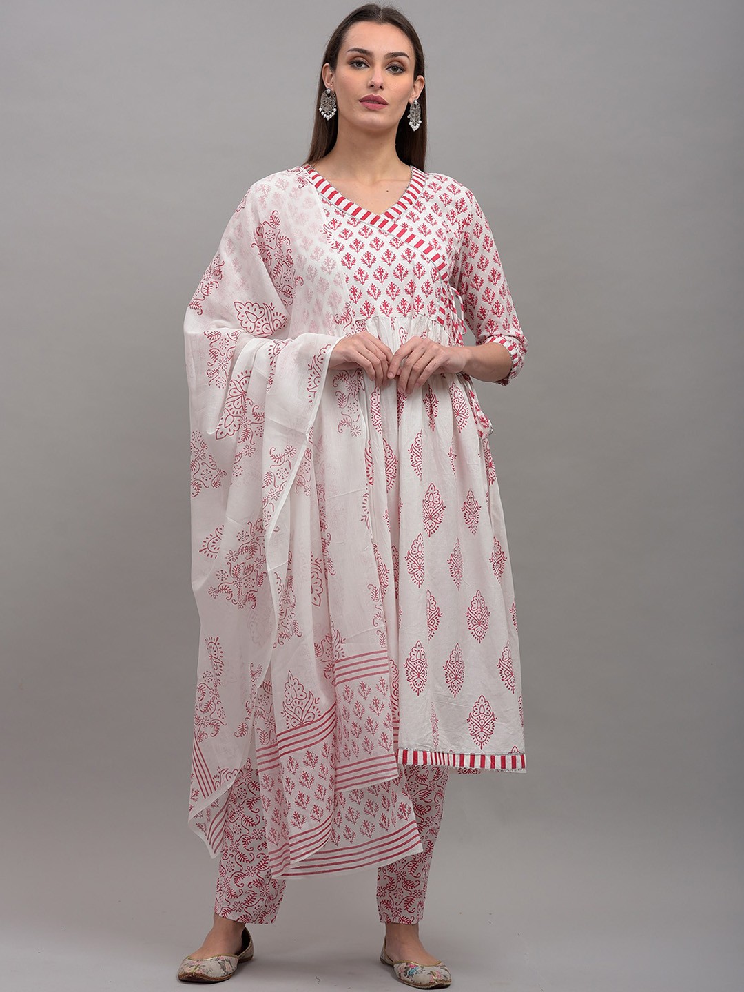 

KALINI Ethnic Motifs Printed Angrakha Kurta With Trousers & Dupatta, Red