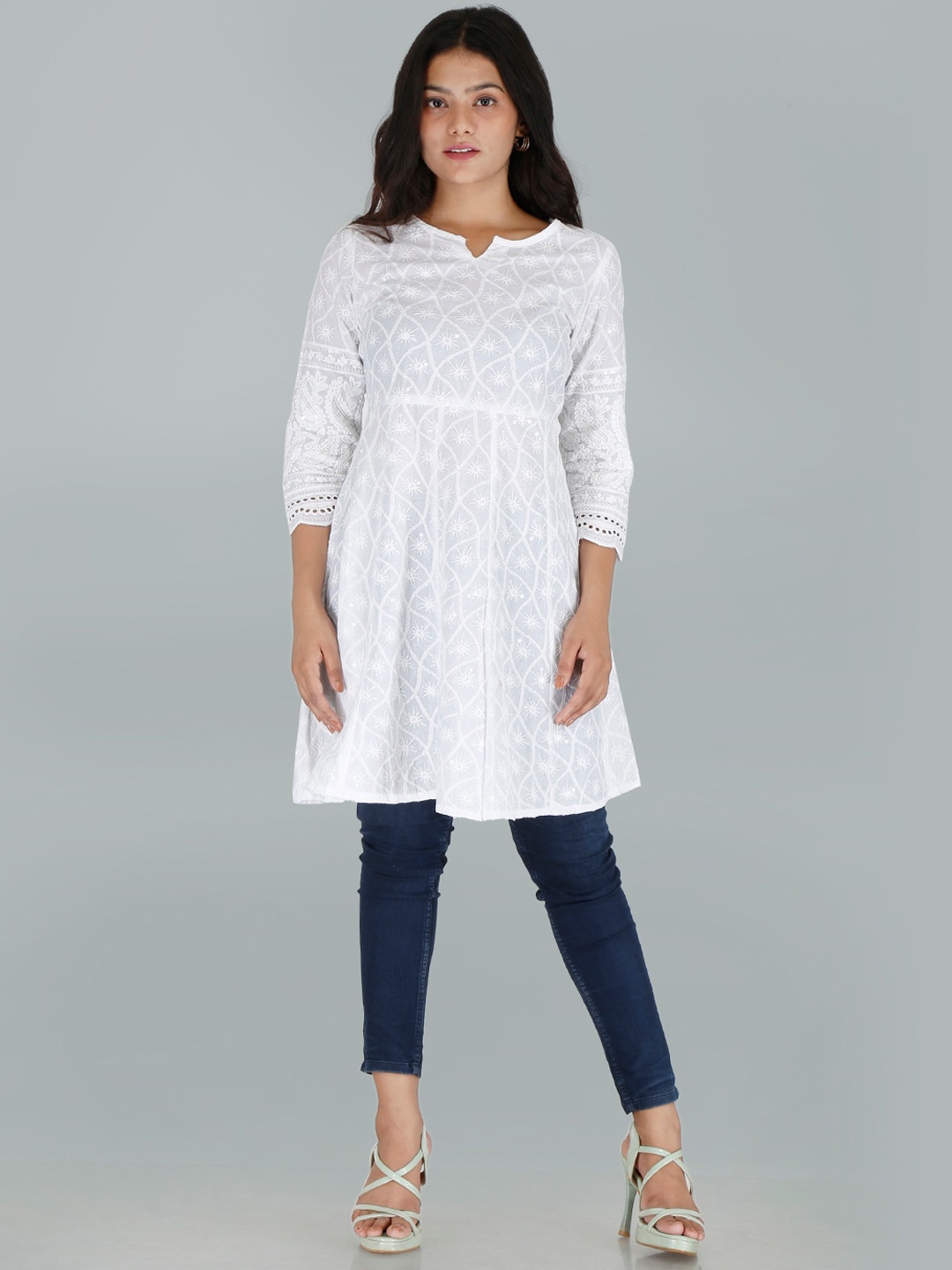 

KALINI Floral Embroidered Chikankari Pure Cotton A-Line Kurta, White