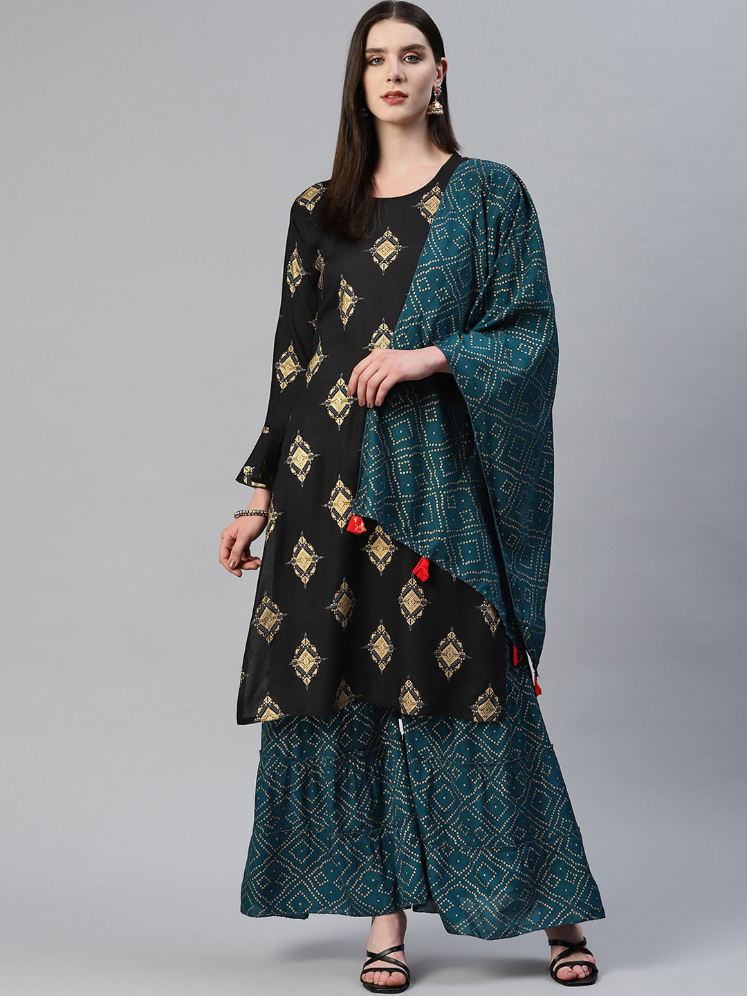 

KALINI Ethnic Motifs Printed Bell Sleeves Kurta With Sharara & Dupatta, Black