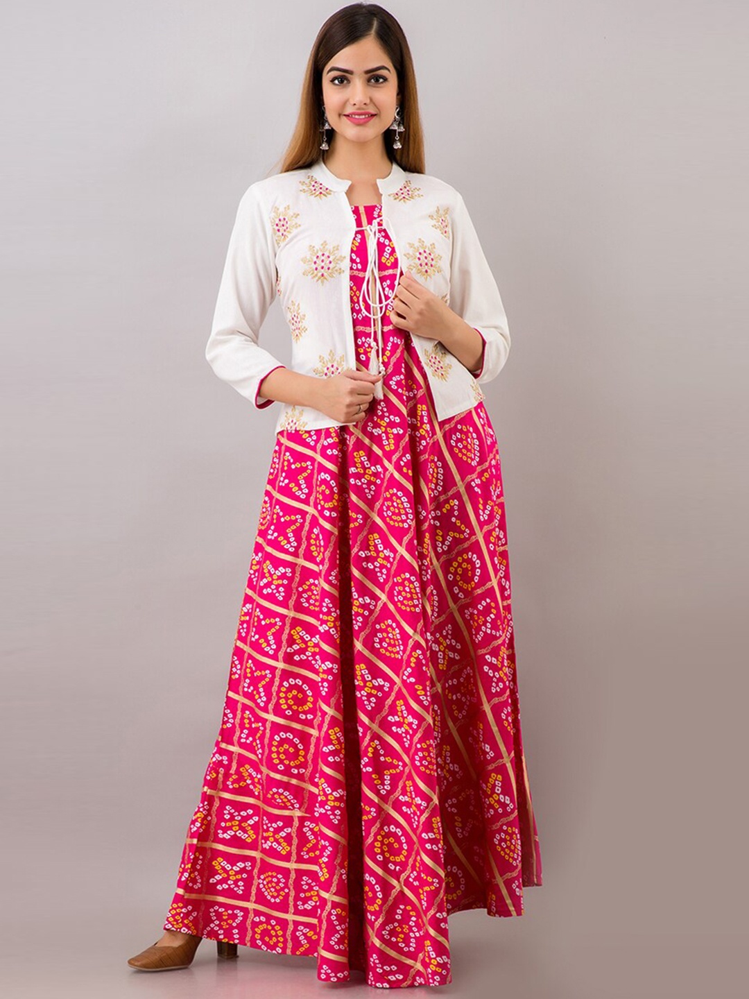 

KALINI Bandhani Ethnic Motifs Printed Anarkali Kurta Comes With Jacket, Pink