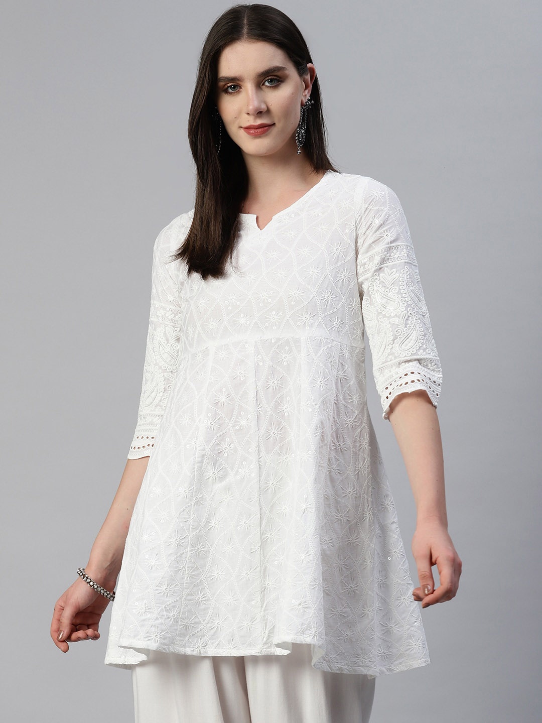 

KALINI Floral Embroidered Chikankari Cotton A-Line Kurta, White