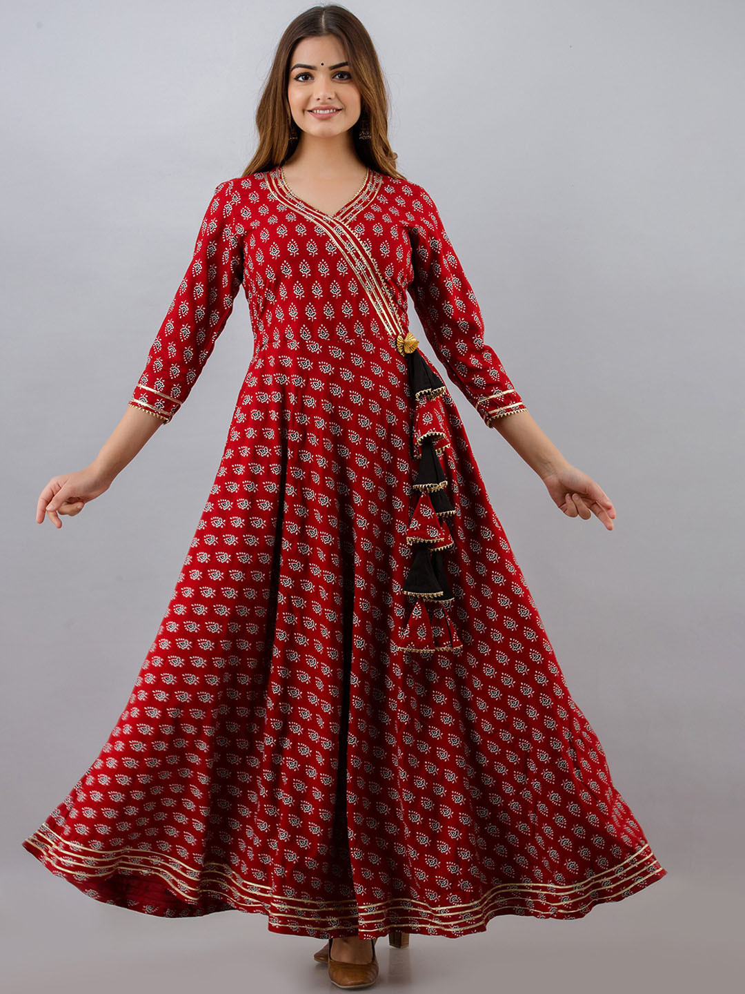 

KALINI Ethnic Motifs Printed V-Neck Embellished Detail Maxi Ethnic Dresses, Maroon