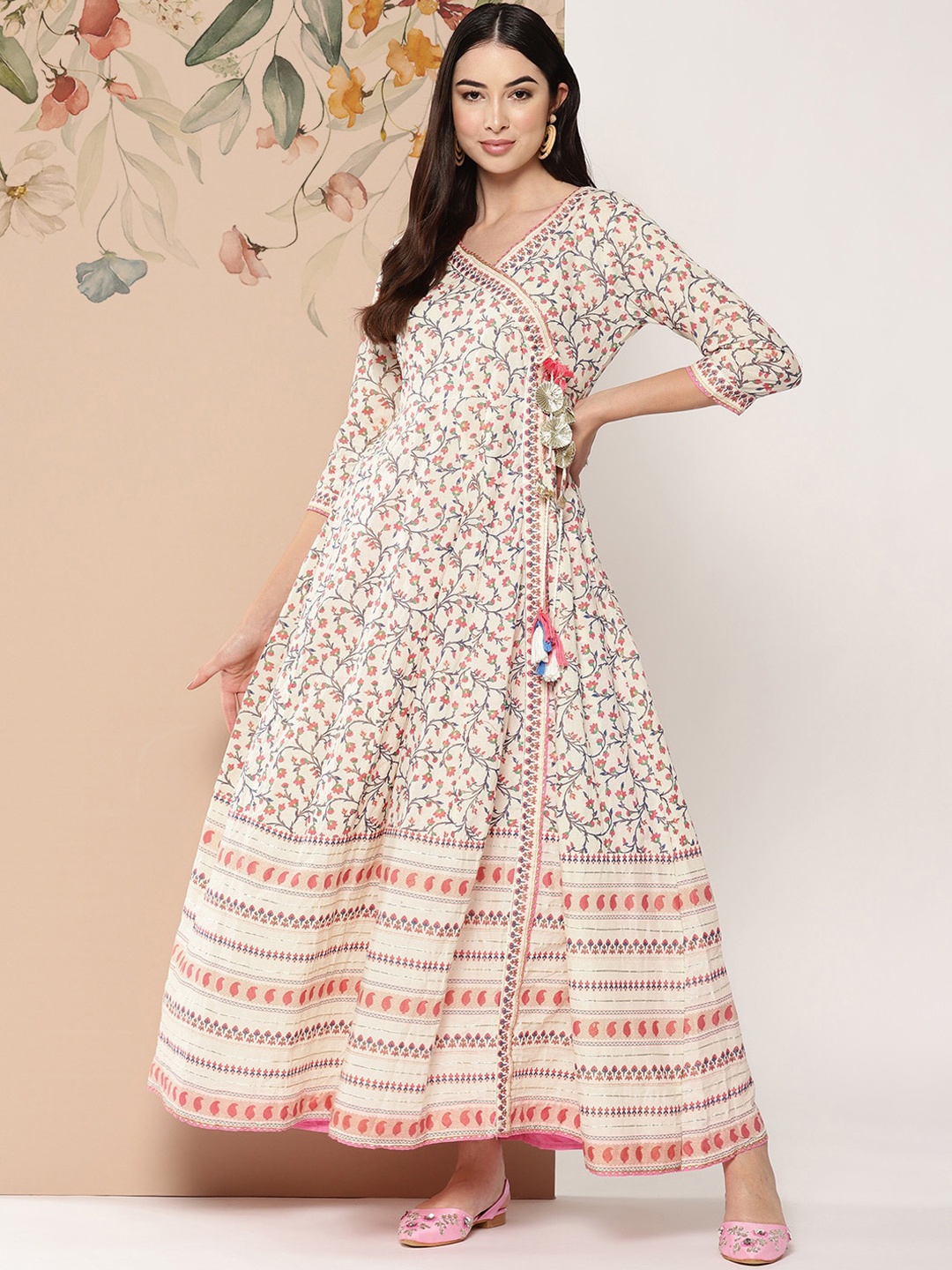 

KALINI Floral Printed Pure Cotton Fit and Flare Ethnic Dress, White