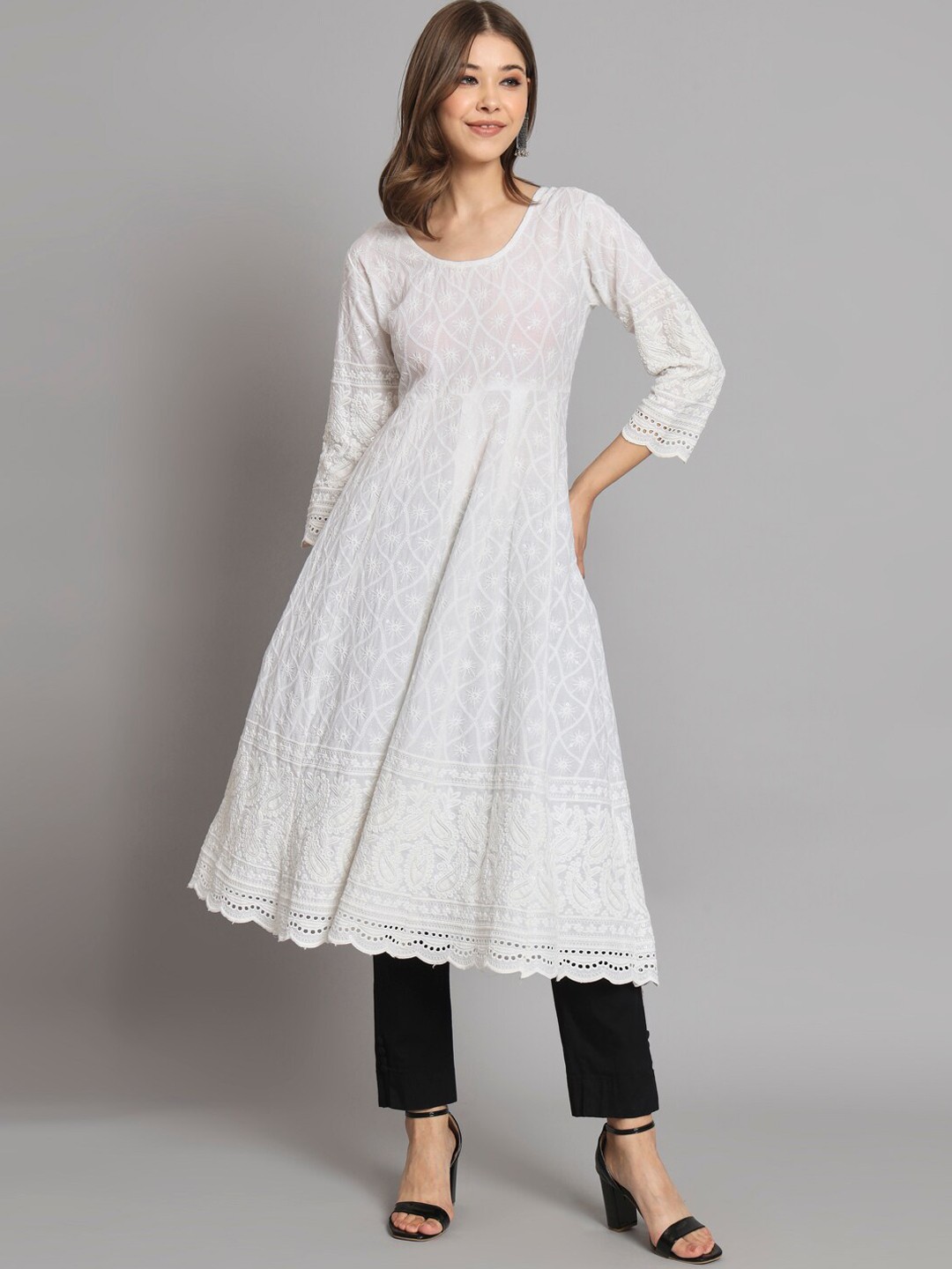 

KALINI Ethnic Motifs Embroidered Chikankari Detail Panelled Cotton Anarkali Kurta, White