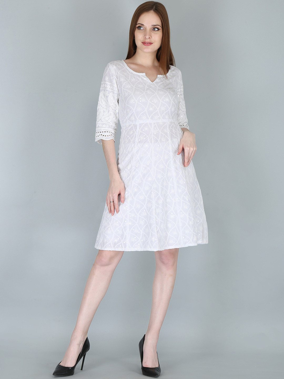 

KALINI Floral Embroidered Chikankari Cotton A-Line Dress, White