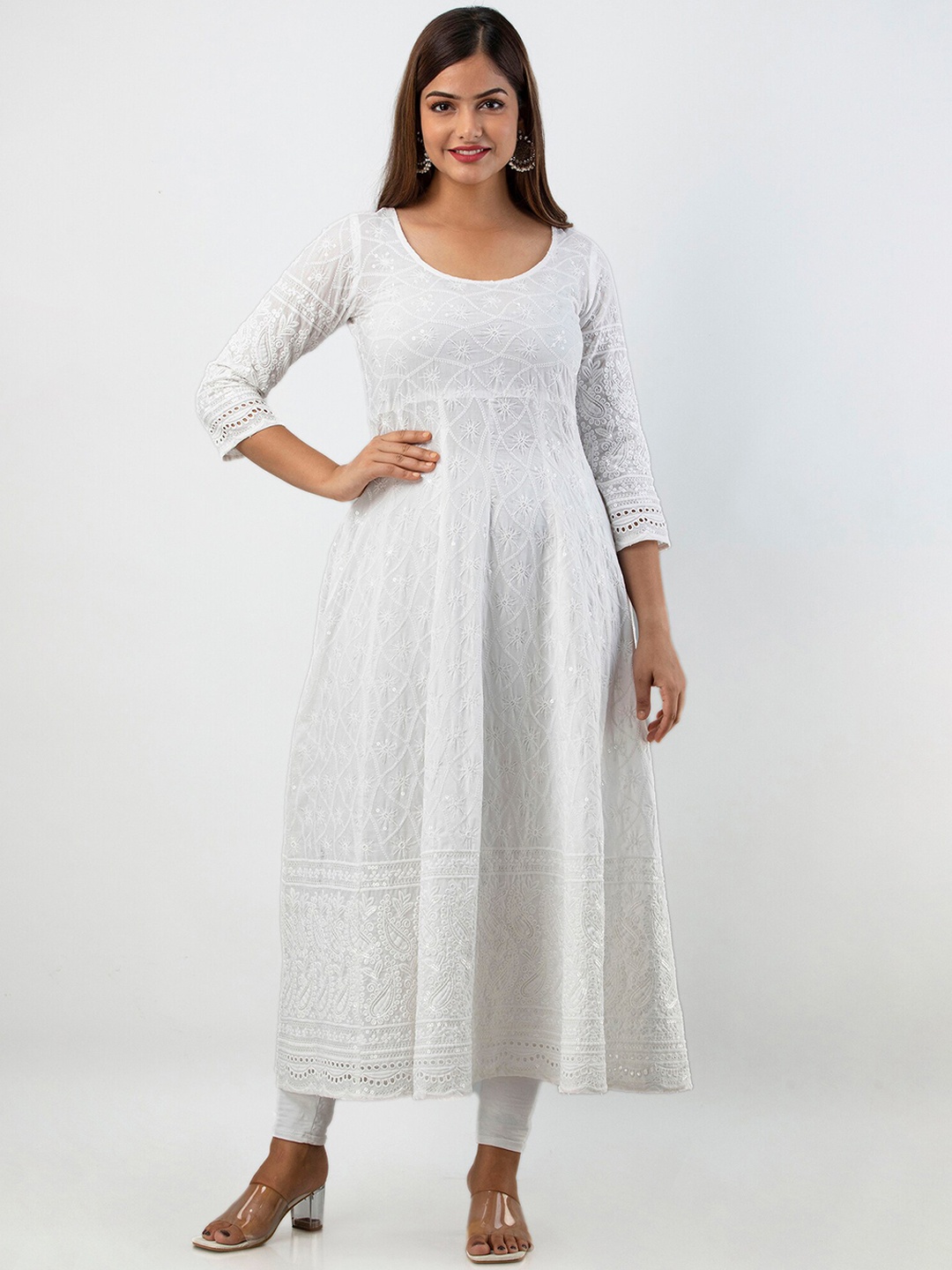 

KALINI Floral Embroidered Chikankari Cotton Anarkali Kurta, White