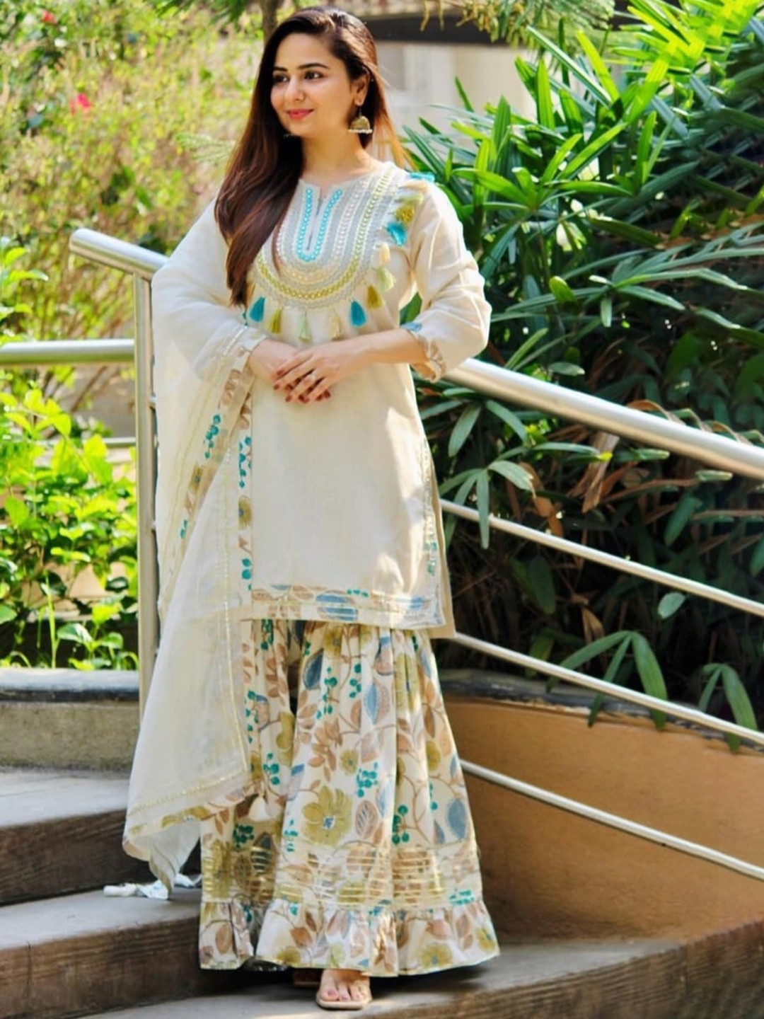 

KALINI Ethnic Motifs Yoke Design Mirror Work Kurta With Sharara & Dupatta, Off white