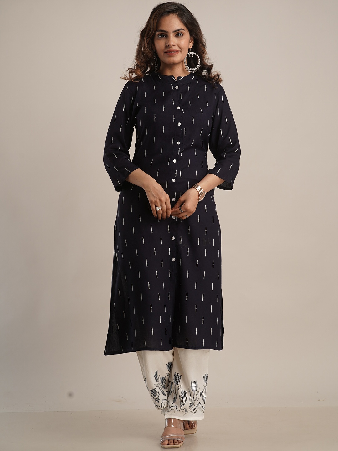 

KALINI Ethnic Motifs Printed Kurta With Trousers, Navy blue