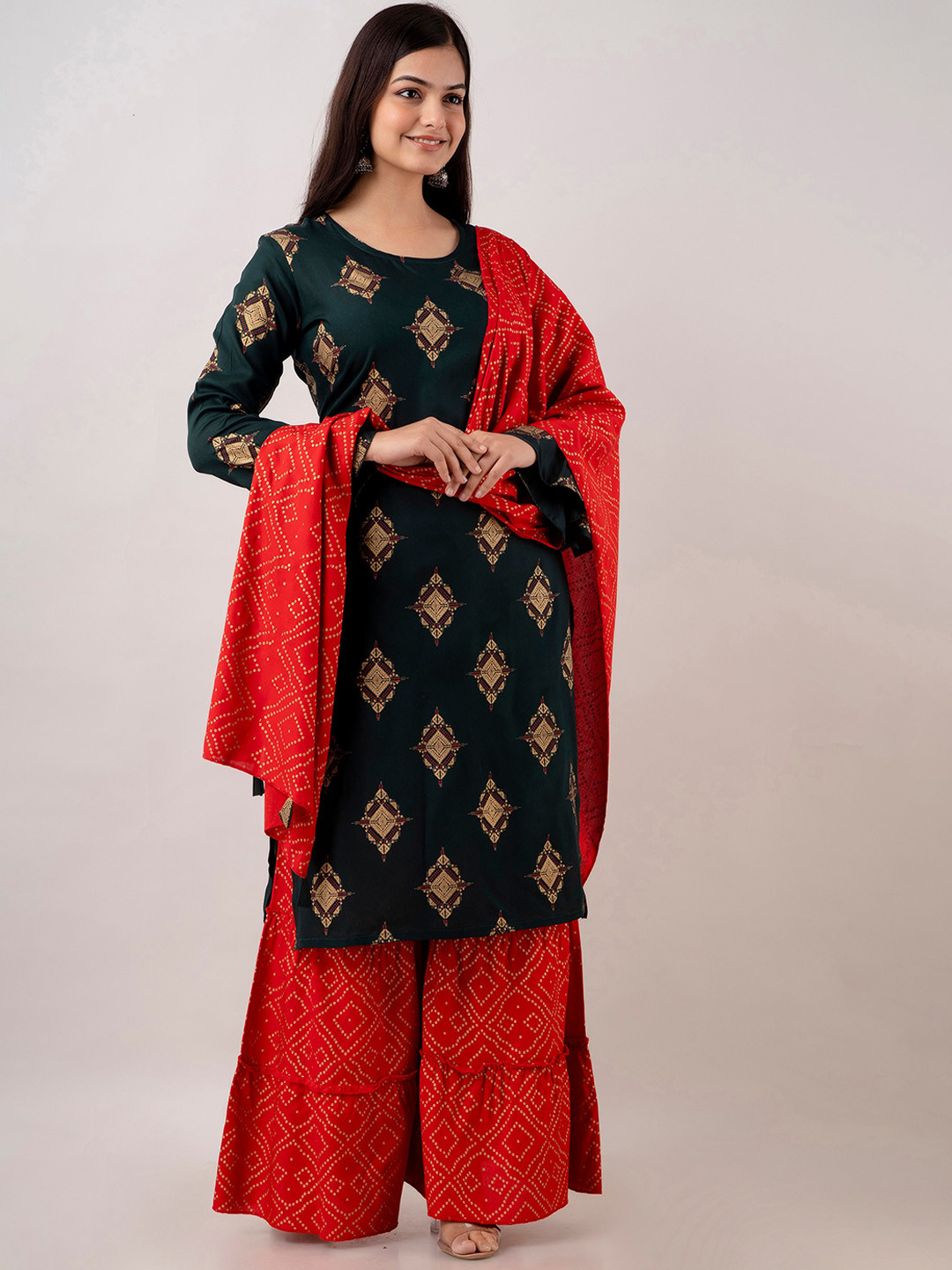 

KALINI Ethnic Motifs Printed Bell Sleeves Kurta With Sharara & Dupatta, Green