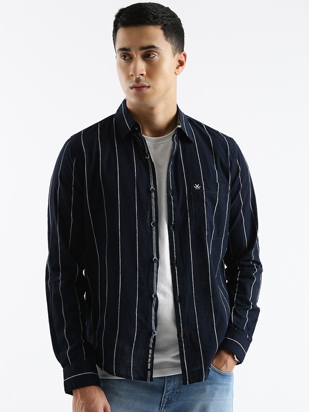 

WROGN Standard Slim Fit Striped Cotton Casual Shirt, Blue