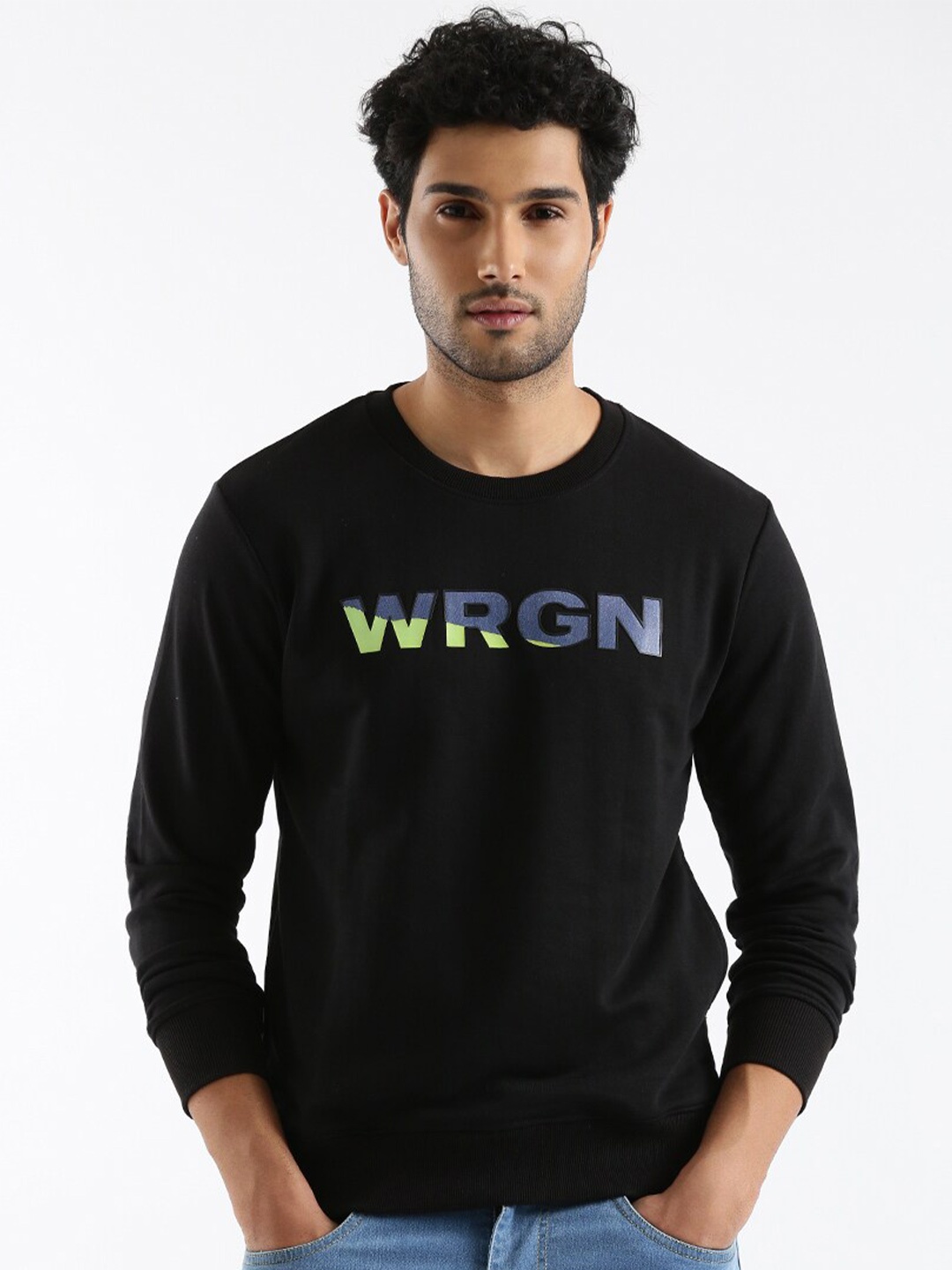 

WROGN Typography Printed Cotton Sweatshirt, Black