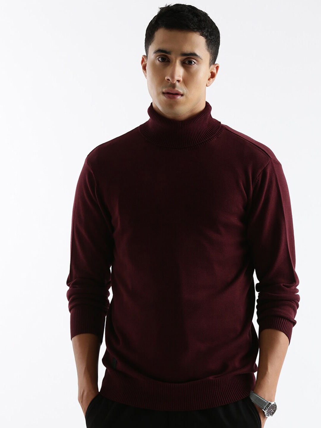 

WROGN Turtle Neck Ribbed Hem Pullover, Maroon