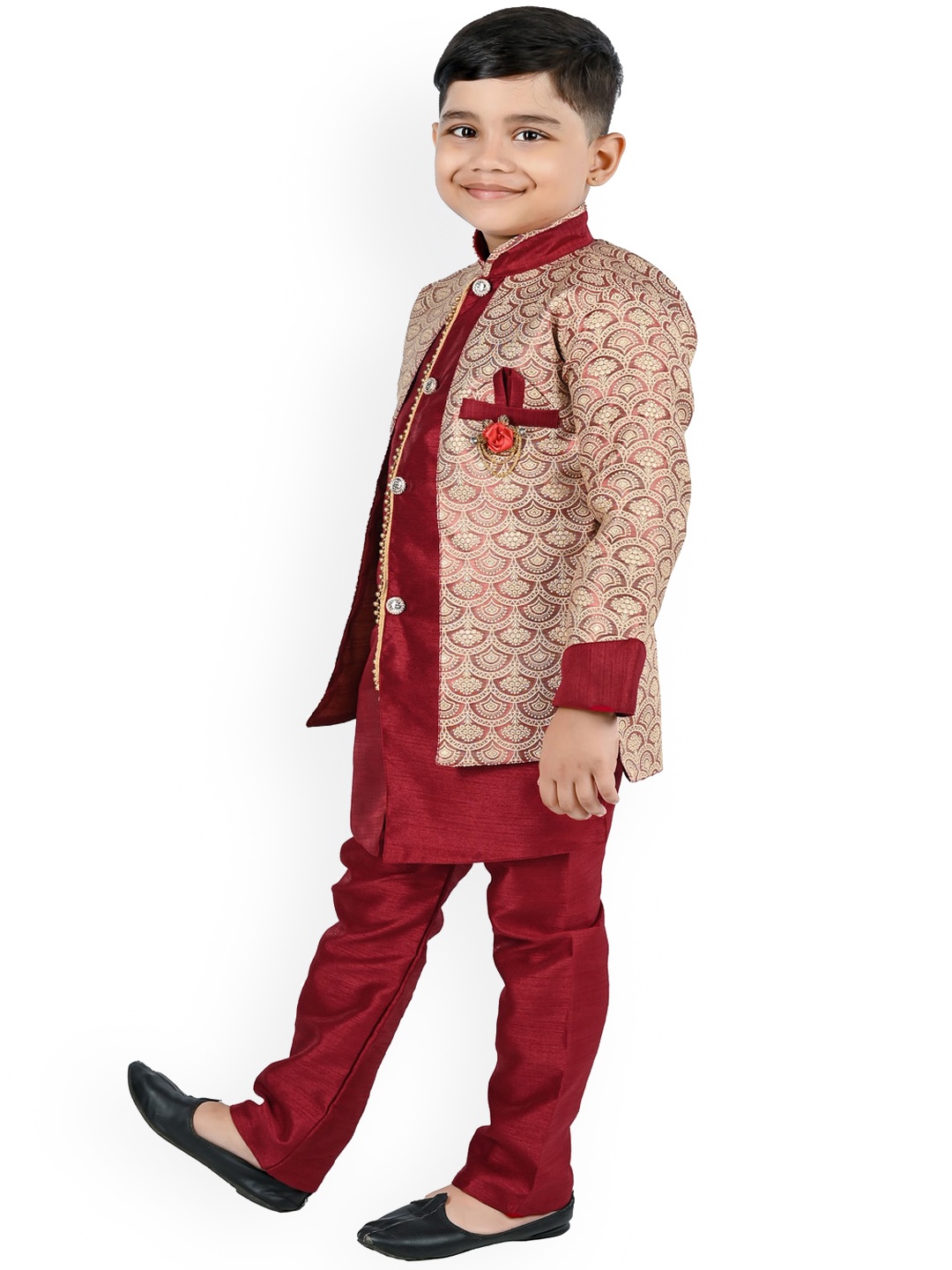 

BAESD Boys Mandarin Collar Regular Kurta With Pyjamas With Woven Design Jacket, Maroon