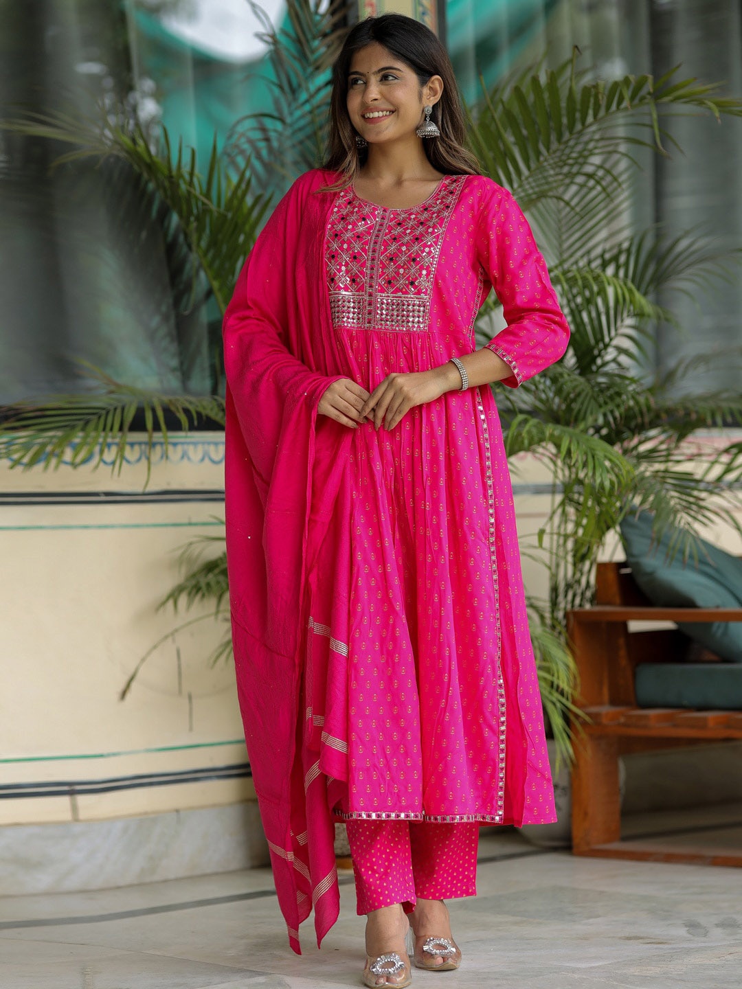 

KALINI Floral Printed Thread Work A-Line Pleated Kurta With Trousers & Dupatta, Pink