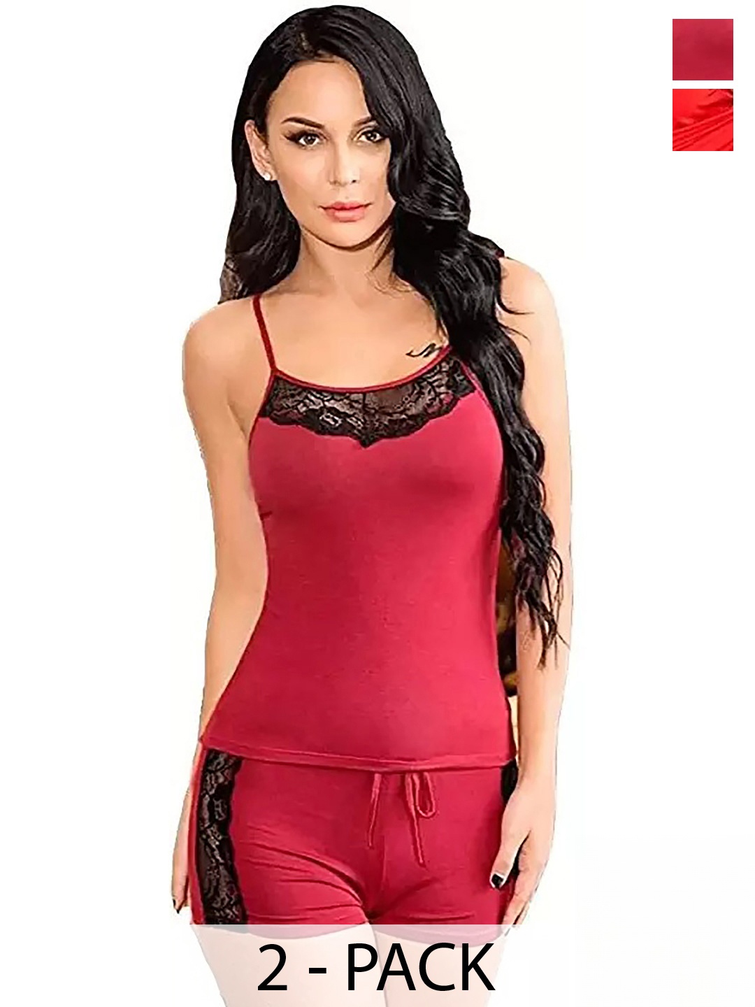 

PIBU Pack of 2 Shoulder Straps Top & Shorts Night Suit, Red