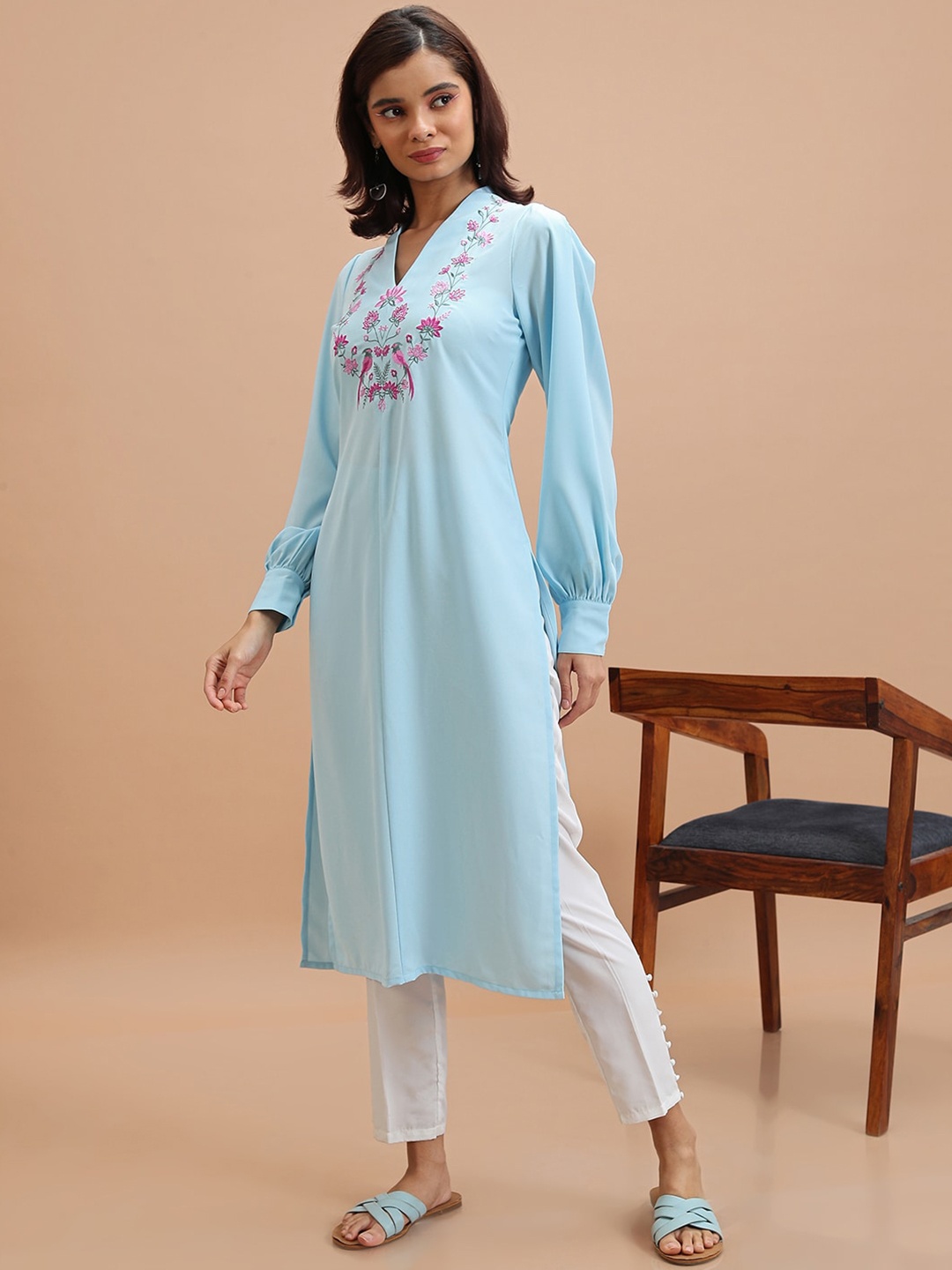 

Vishudh Blue Floral Yoke Design Thread Work Straight Kurta