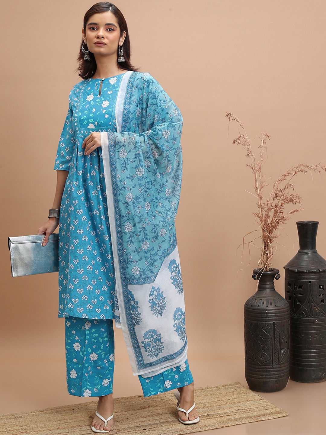 

Vishudh Floral Printed A-Line Kurta with Palazzos & With Dupatta, Blue