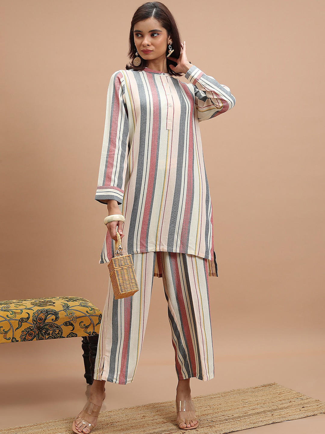 

Vishudh Striped Band Collar High Low Pure Cotton Kurta With Trousers, Cream