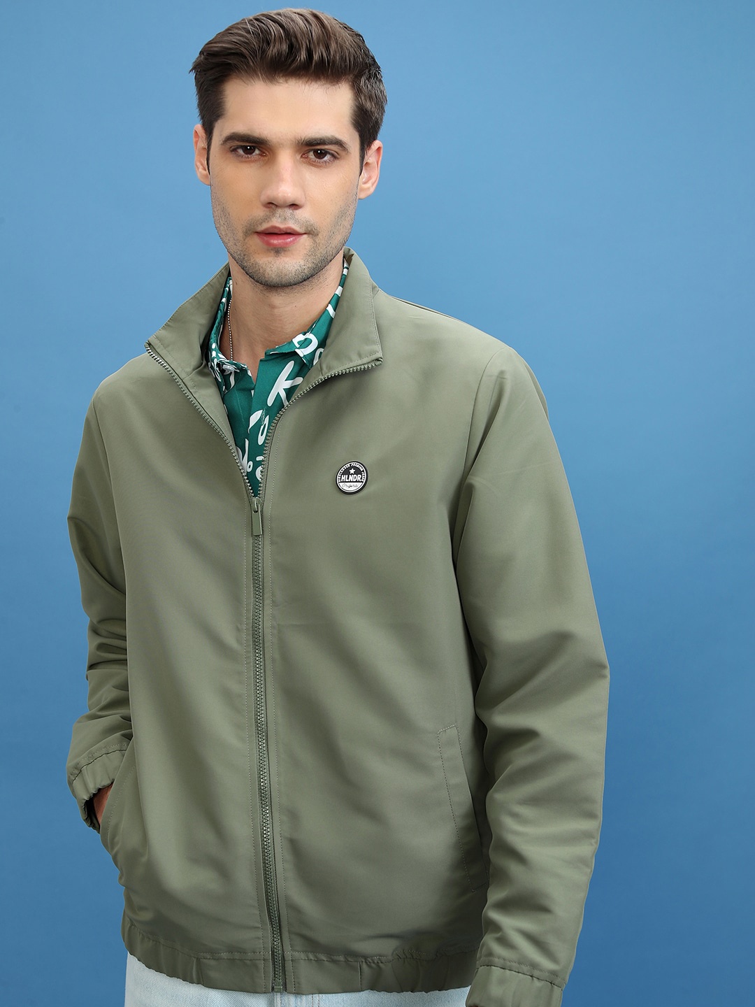 

HIGHLANDER Olive Green Mock Collar Bomber Jacket