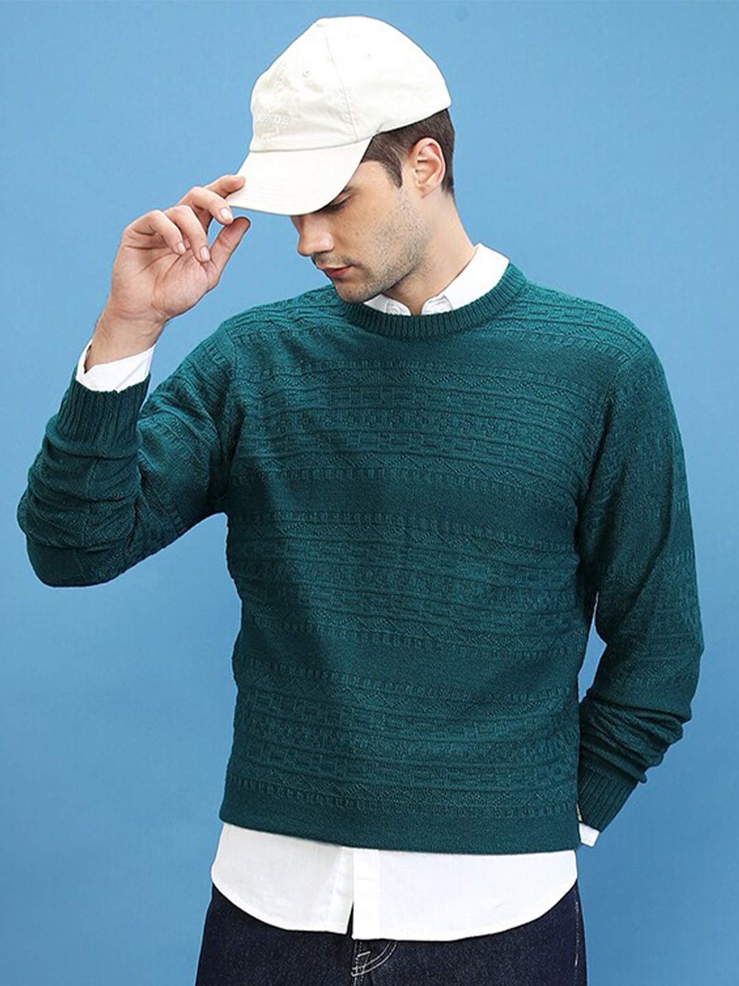 

HIGHLANDER Self Design Open Knit Acrylic Pullover Sweater, Green