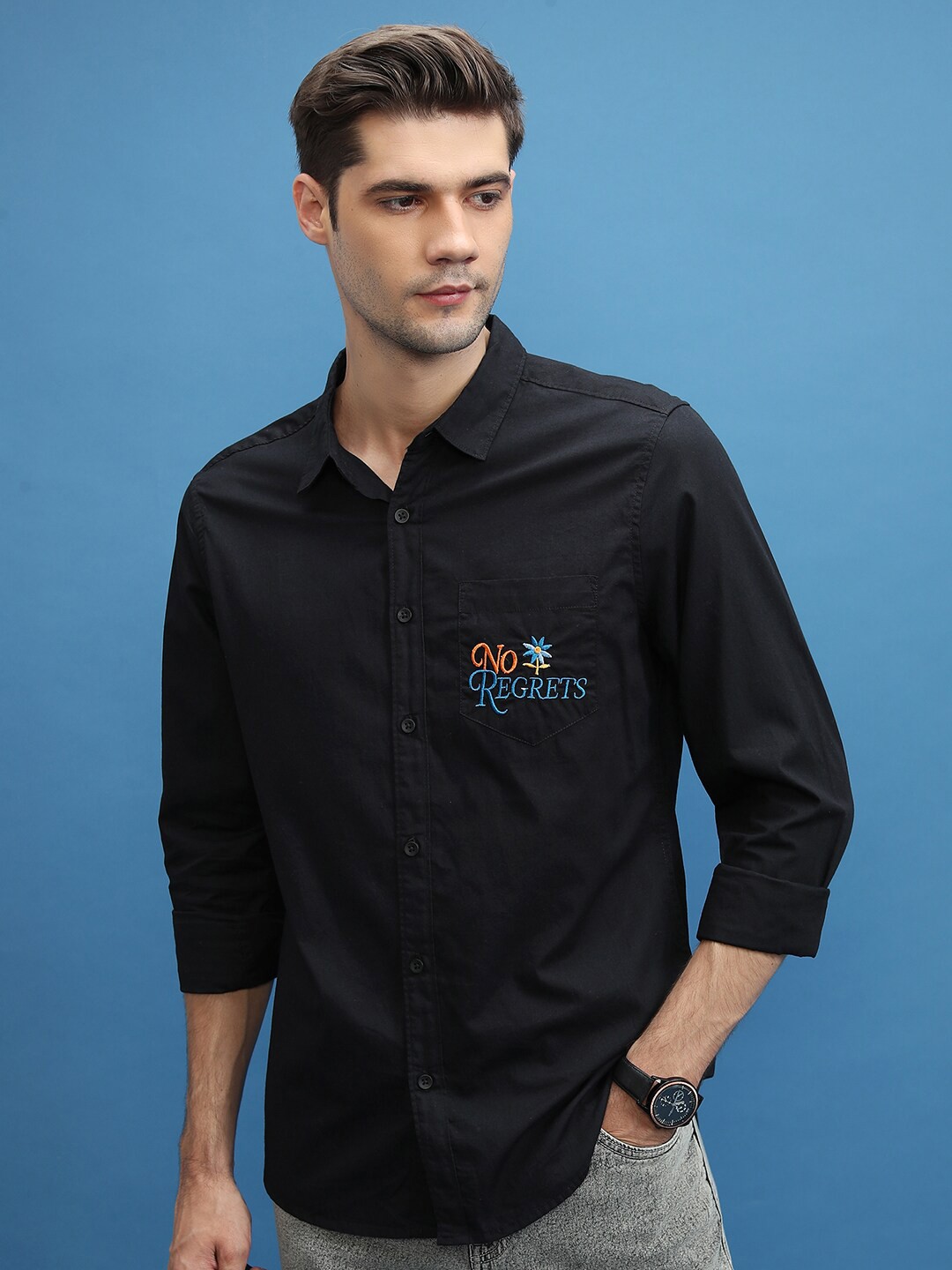 

HIGHLANDER Slim Fit Cotton Casual Shirt, Black